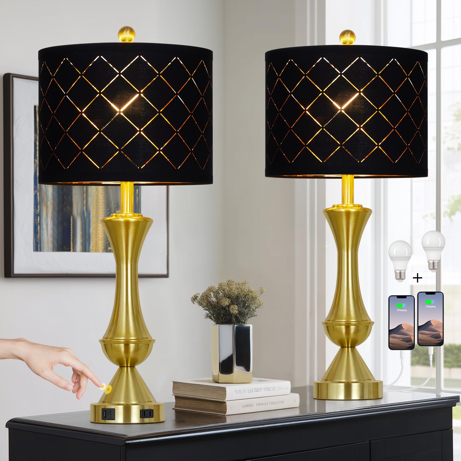 luxeflow 29 Gold Modern Table Lamps Set of 2  3-Way Dimmable Touch Lamps for Nightstand with USB A+C & Outlets Brass Lamps for Living Room  Bedroom  Nightstand  Entryway(2 Bulbs Included)