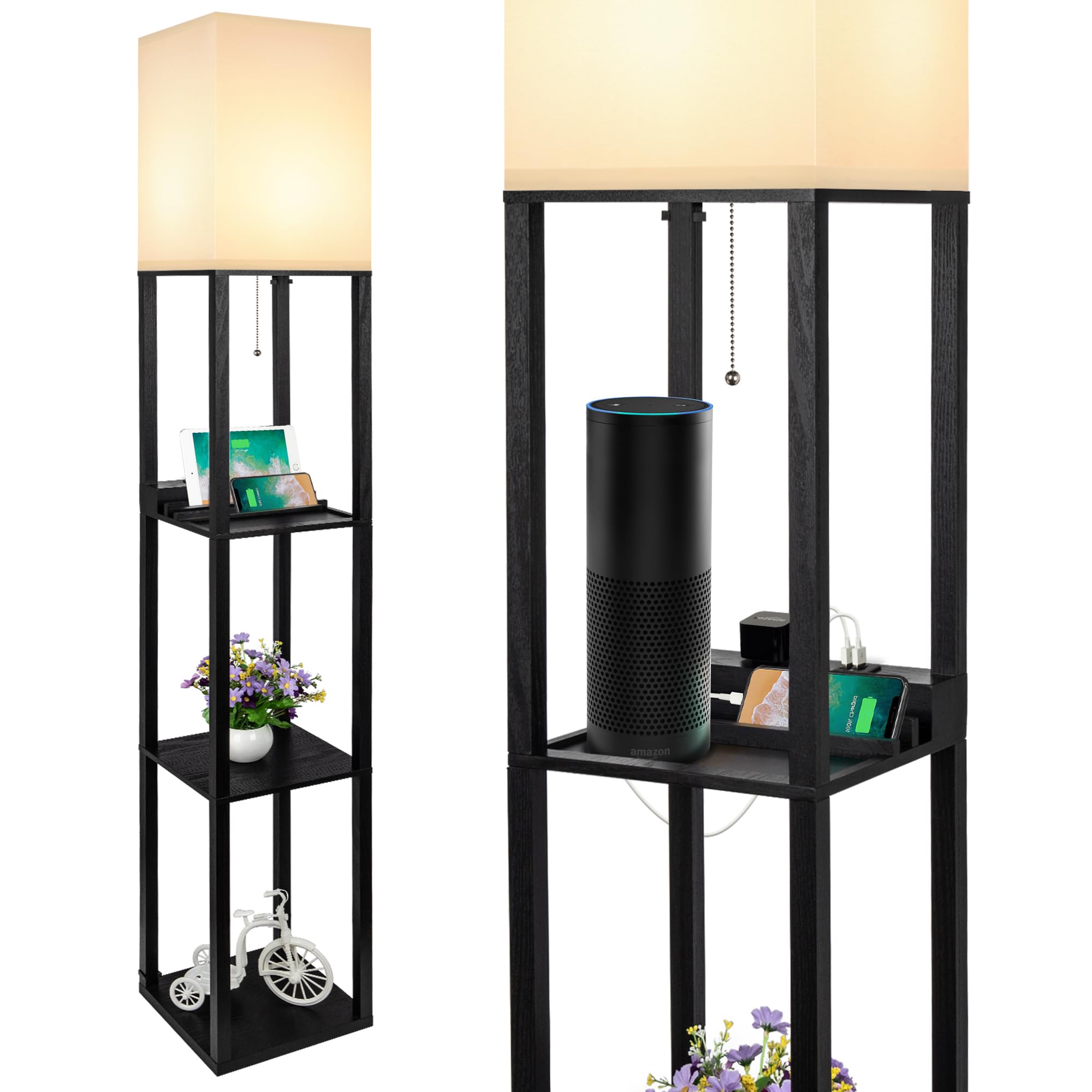 SHINE HAI 3-in-1 Shelf Floor Lamp with USB & AC Outlet, 63 Inch, Black, Model JYF-00453-FL, Wood Material