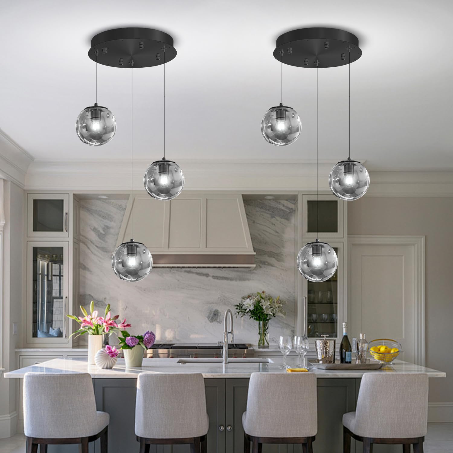 ykolupty 3-Light Black Pendant Light, Smoke Gray Glass Globe, Adjustable Hanging Fixture for Kitchen Island, Model TP3016-YH-3H