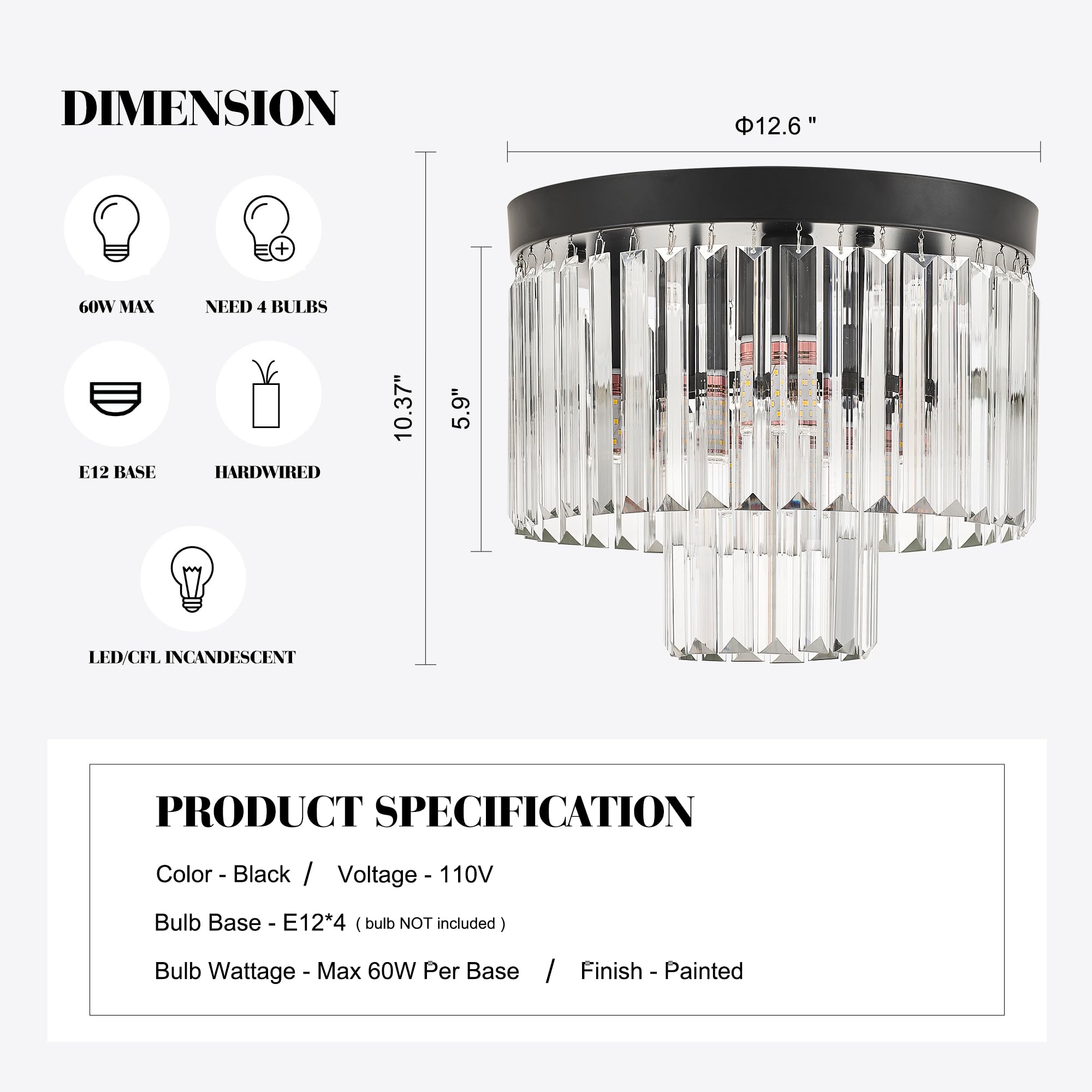 Faibra 12.6'' Black Crystal Ceiling Light 4-Light Modern Fixture 2-Tier Luxury K9 Crystal, For Dining Room Kitchen Island Living