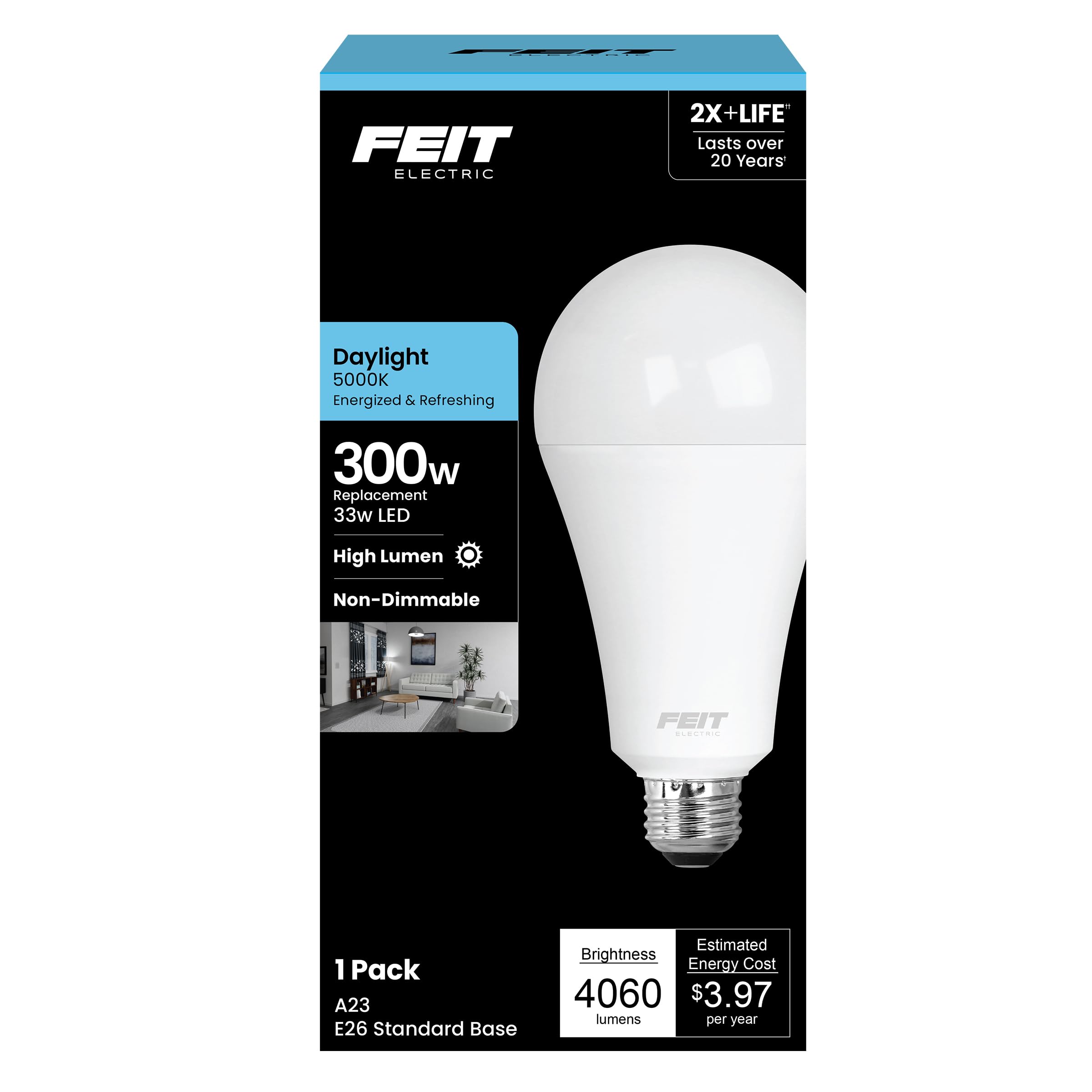 Feit Electric A23 LED Light Bulb, 300W Equivalent, Non-Dimmable, 4060 Lumens, E26 Standard Base, 5000k Daylight, 80 CRI, High Ou