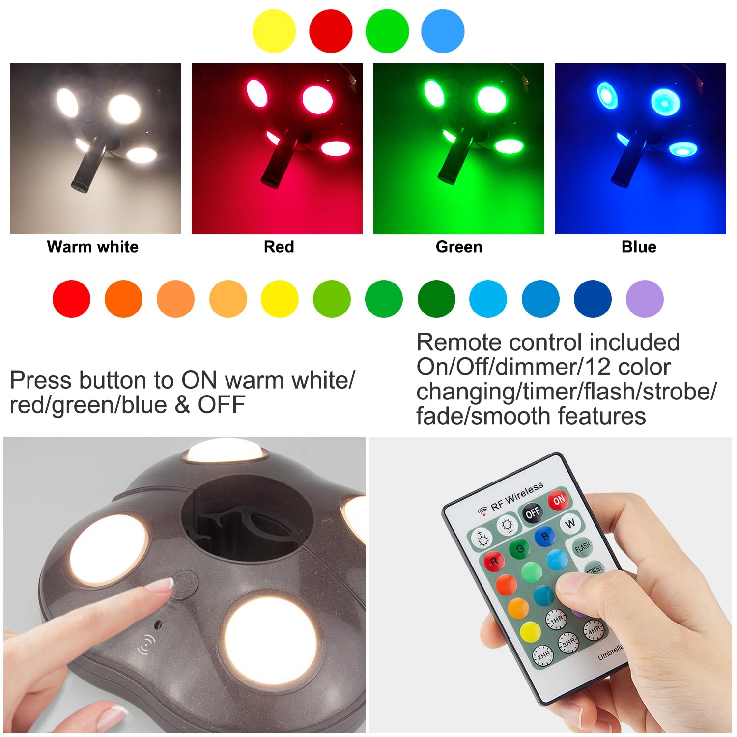 BIGMONAT Patio Umbrella Light, Battery Operated, Color Changing, 250 Lumens, Remote & Timer, Brown, Model B1040IR-16C-1Brown