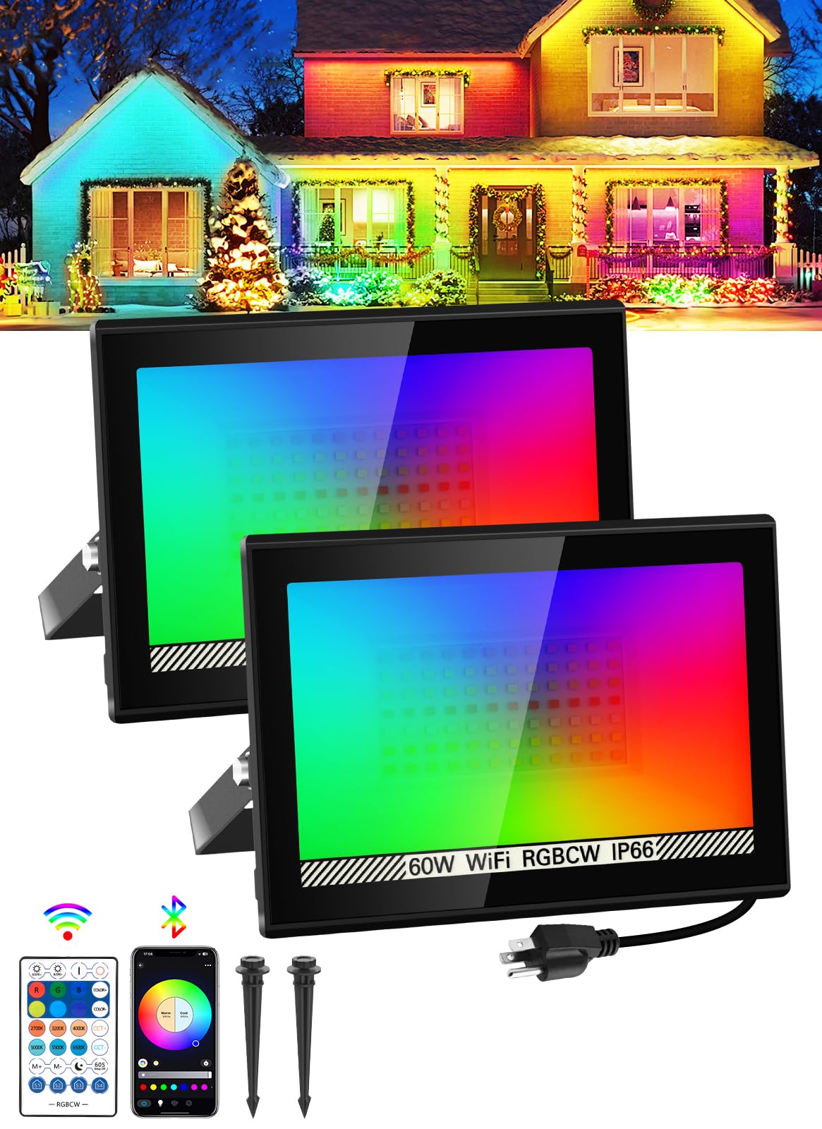T-SUN RGB Flood Lights Outdoor, 600W Equivalent Color Changing Landscape LED Light with APP Control, Waterproof Floodlight with 