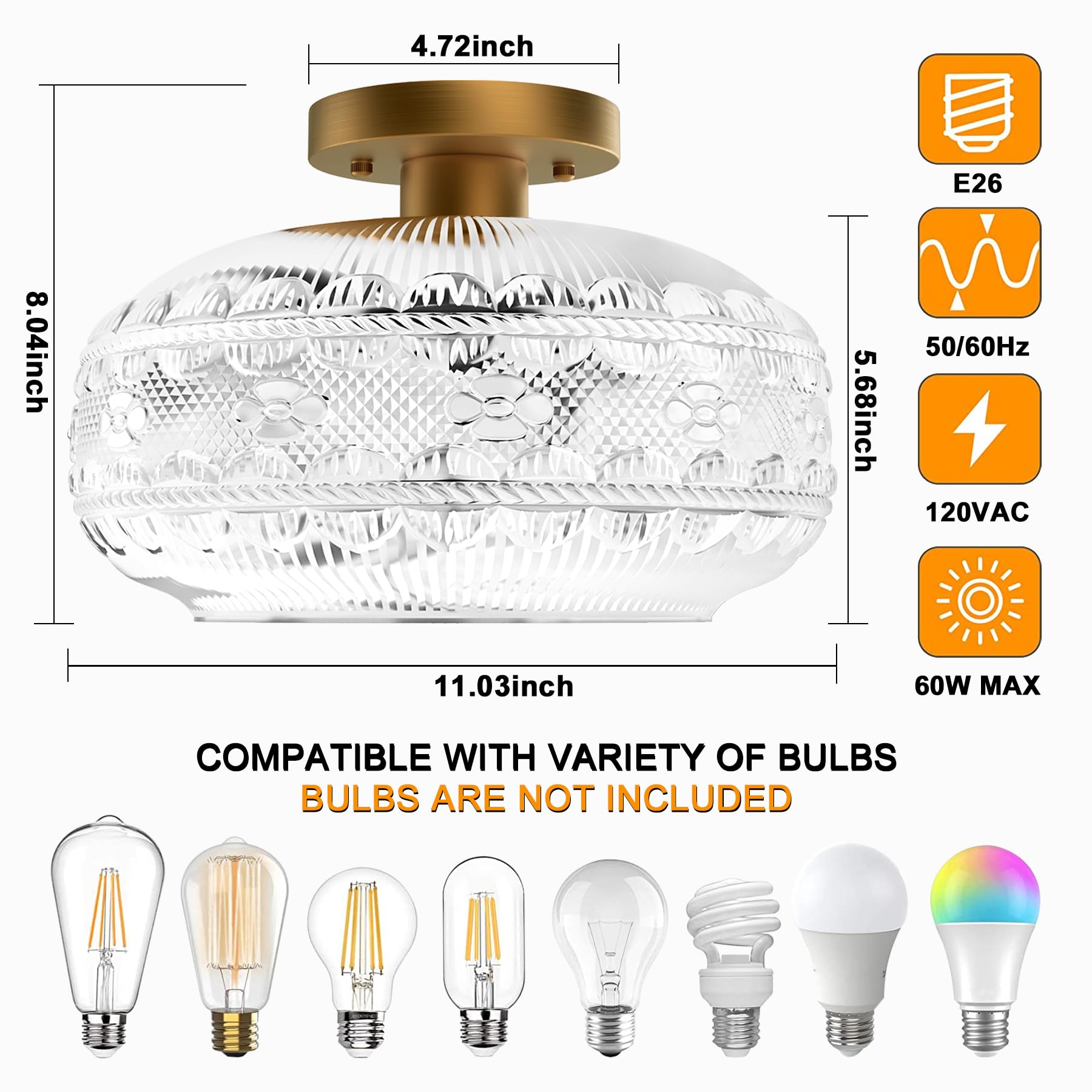 Apoto 11'' Large Semi Flush Mount Ceiling Light Fixture,Gold Globe Glass Light Fixtures Ceiling Mount,Vintage Hallway Light Fixt