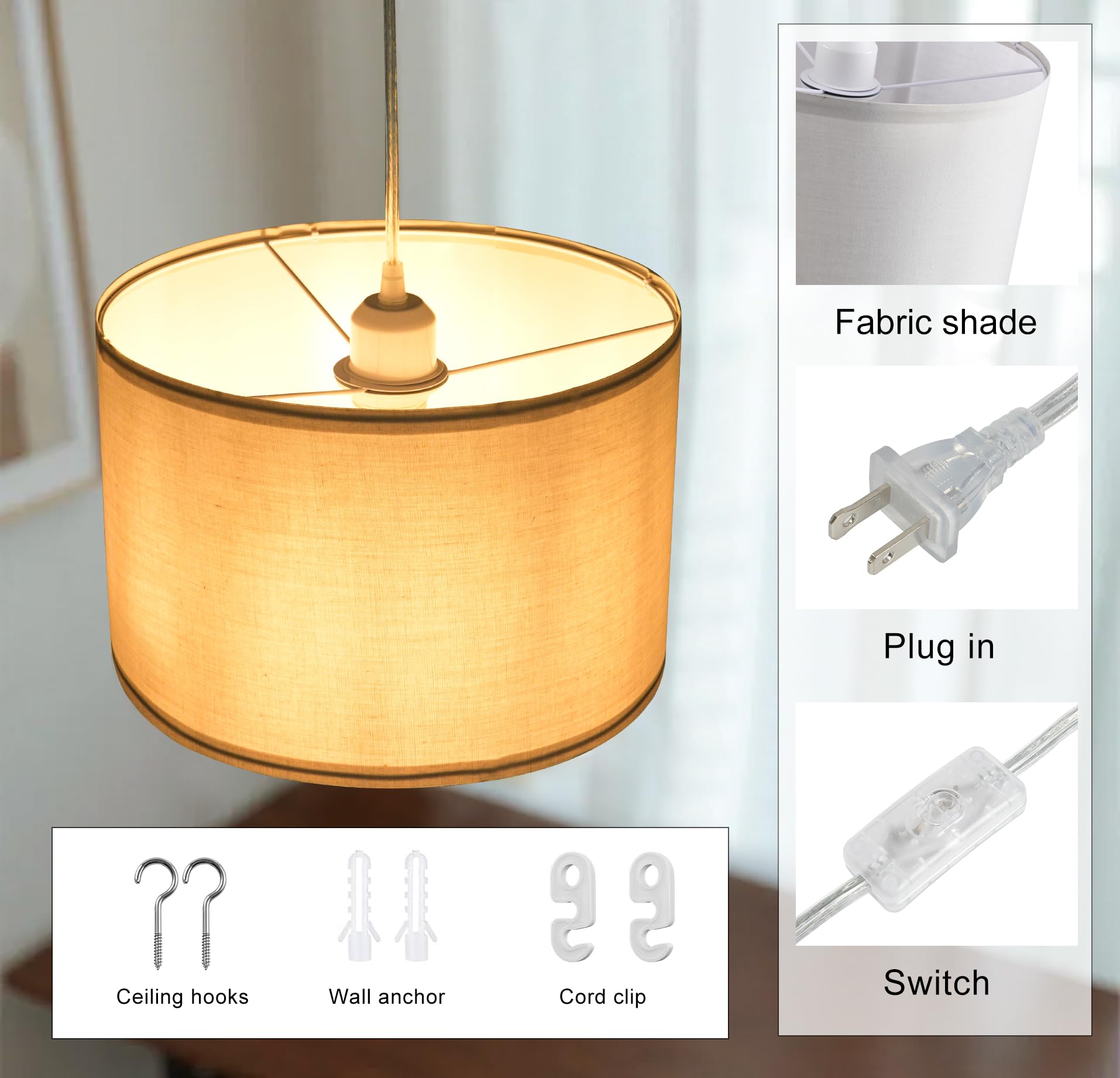 Ihengyanlt 2 Pack Plug In Pendant Light, Hanging Light With 15Ft Clear Cord, On/Off Switch, French Grey Fabric Lamp Shade, Hangi