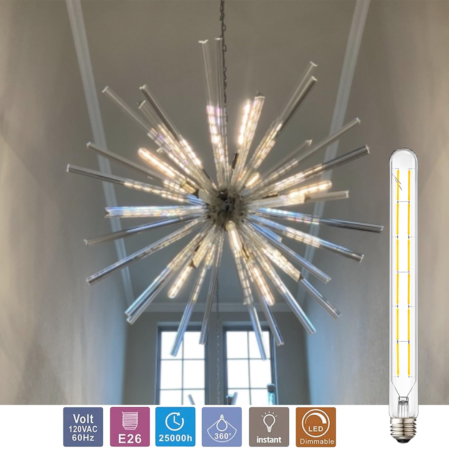 Leools T300 Dimmable Led Tubular Bulb 12W,Long Tube Edison Led Vintage Filament Bulb,100W Equivalent,4000K Daylight White,Cover