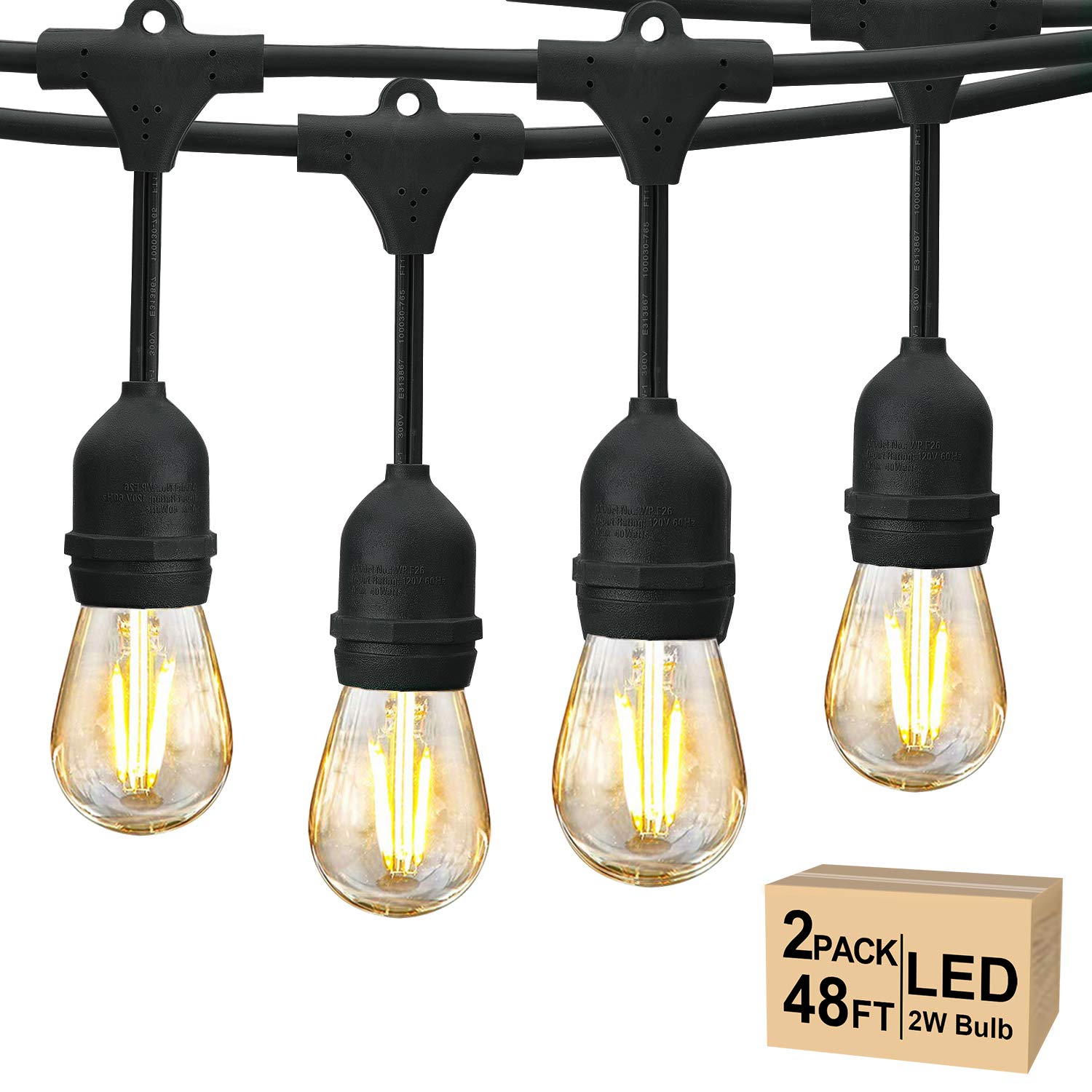 Svater Outdoor String Lights, 96FT, 32 Antique S14 LED Bulbs, IP65 Waterproof, Dimmable Warm White, Black, Model US048015-TS18B1-S