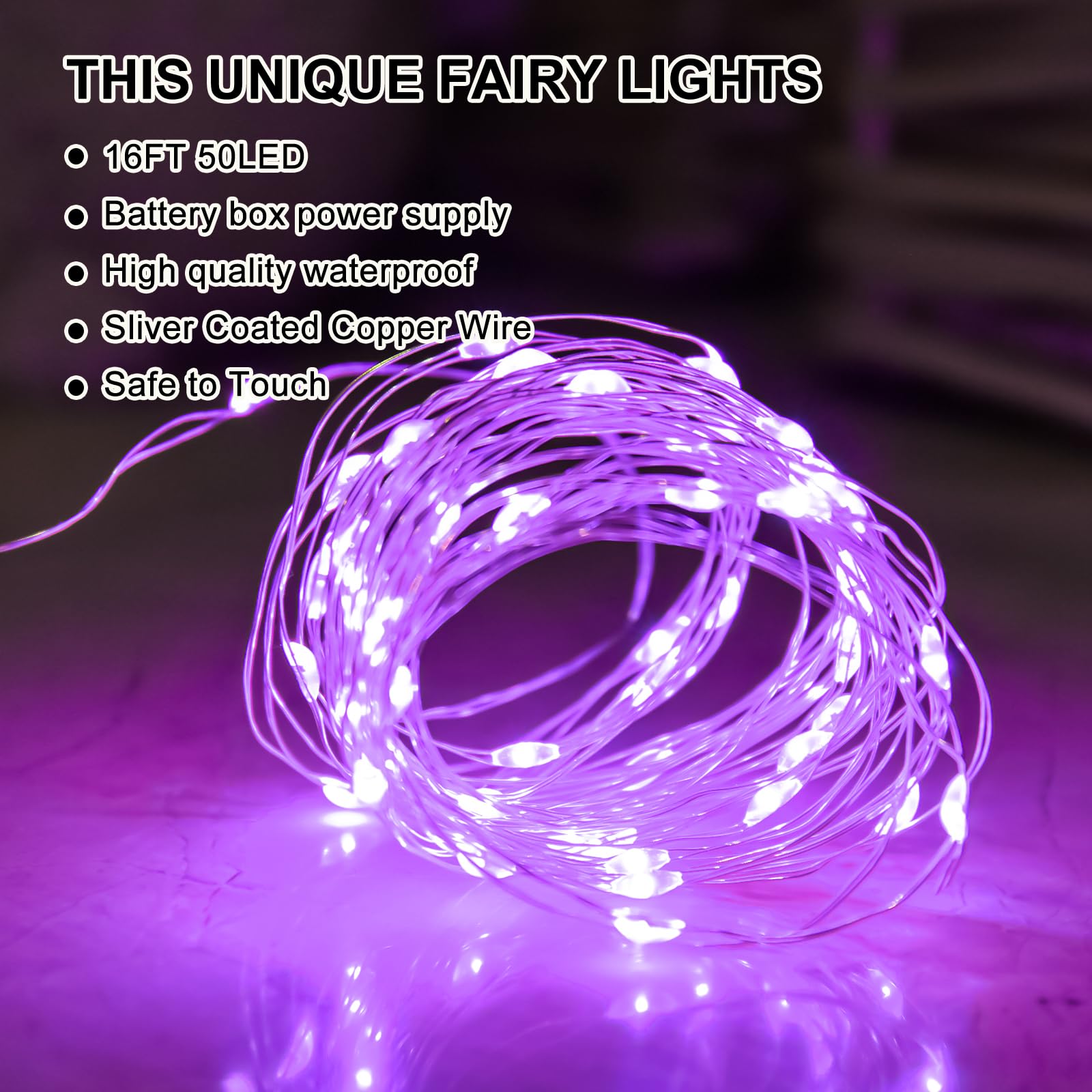 Sinamer Purple Fairy Lights Battery Operated (Included)  8 Modes & Auto Timer  4 Packs 5M 50Led Mini Twinkle Silver Wire Firefly Starry Lights  Waterproof Battery Operated Lights For Tree Bottle