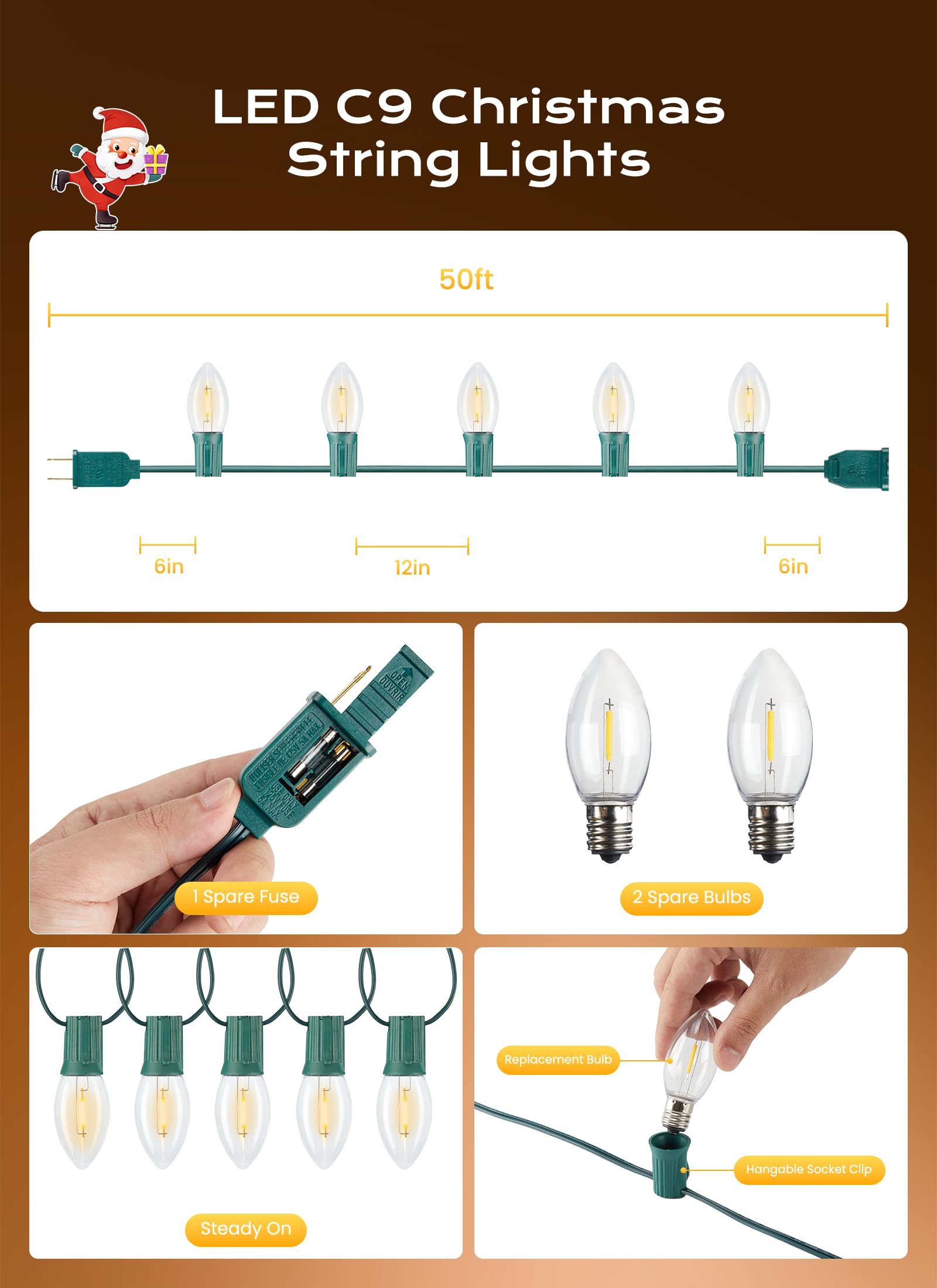 C9 Christmas Lights Outdoor  50 Ft 50 Led Vintage Warm White C9 String Lights Connectable For Christmas Tree Roofline Patio Garden Backyard Holiday Party Indoor Outdoor Decoration  Green Wire