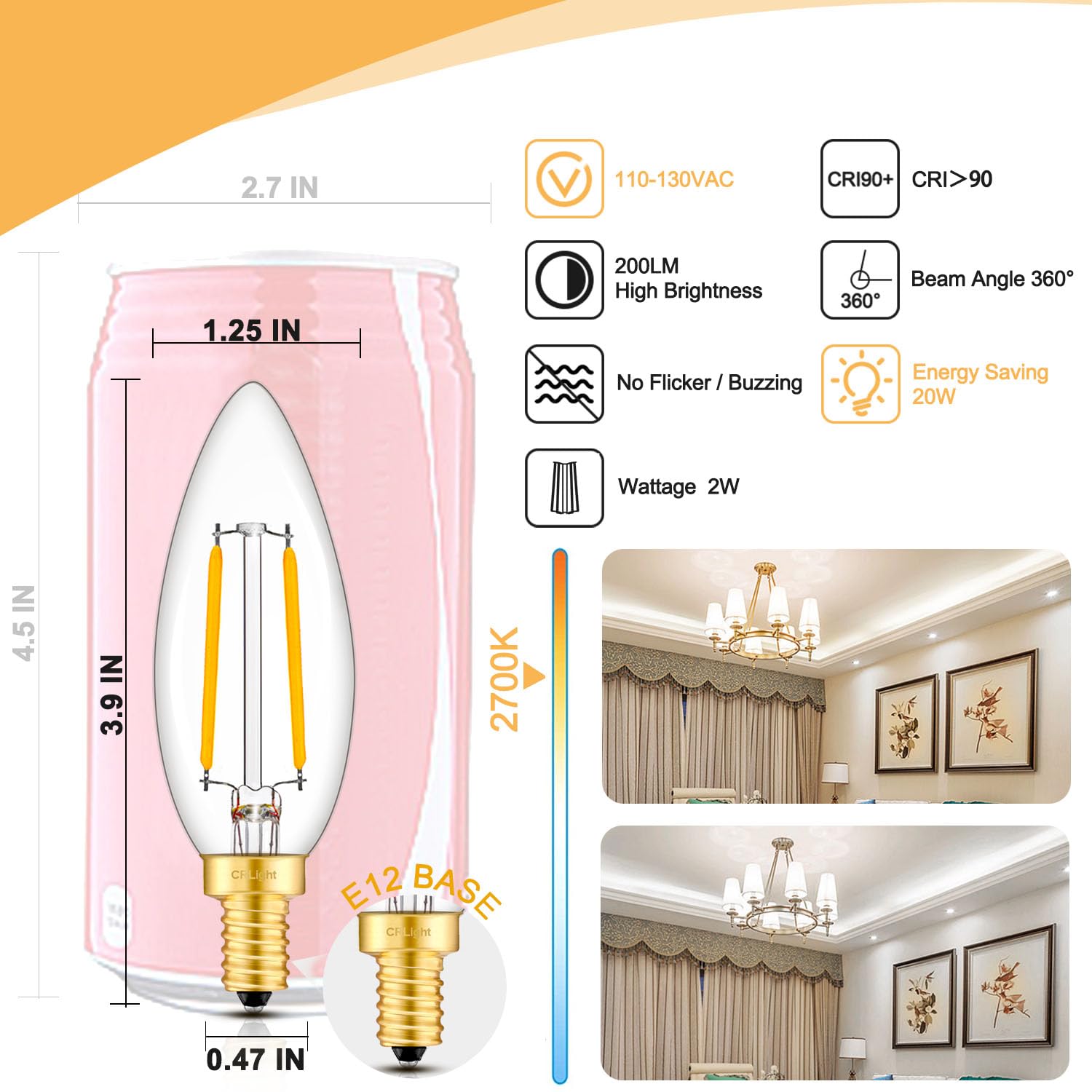 Crlight 2W Led Candelabra Bulb, 2700K Warm White, E12 Base, Dimmable,