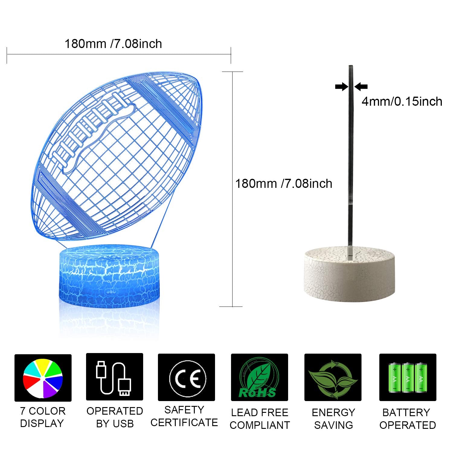 Azalco Rugby Night Light,3D Illusion Football Lamp For Kids Sprot Fans With 16 Colors Changing Remote Control&Smart Touch Bedroo