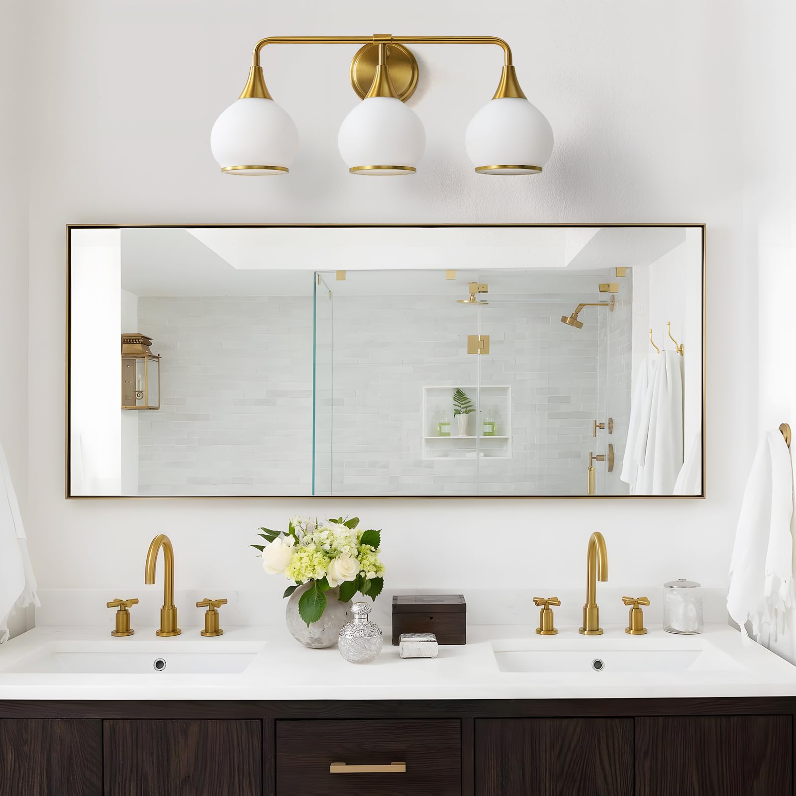 HAHZT 3-Light Brushed Gold Bathroom Vanity Light with Milky White Glass Shade, Model 8033ML, 22.4 inch Wall Sconce Lighting