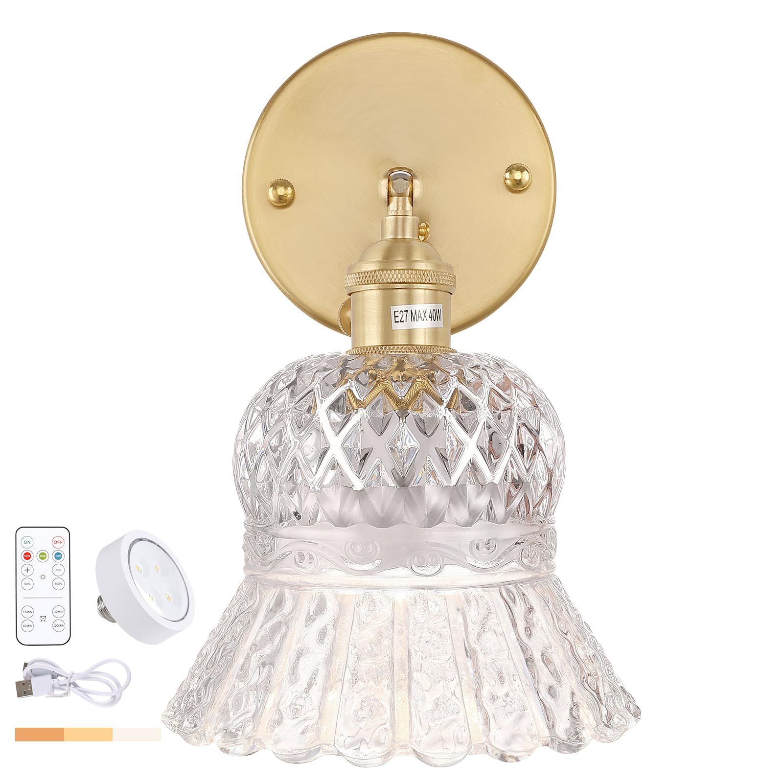 Shenmoyl Vintage Battery Operated Wall Sconce, Rechargeable Battery Powered Wall Sconces With Remote Control, Wireless Dimmable
