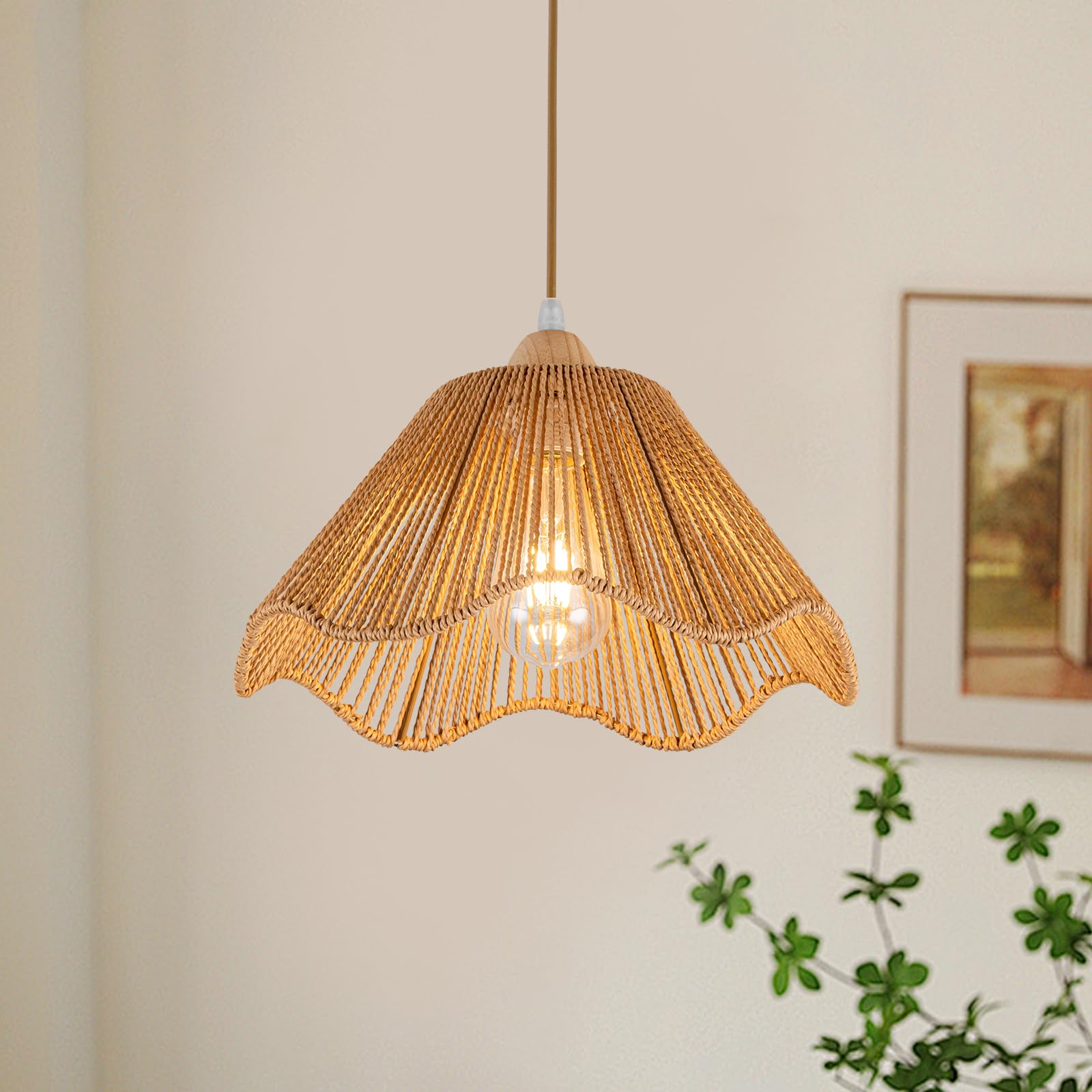 D12.5 Inch Boho Light Fixtures Boho Rattan Pendant Light Flush Mount Mini Chandelier Woven Hanging Light Fixture For Bedroom Hallway Entryway Nursery Kitchen Island