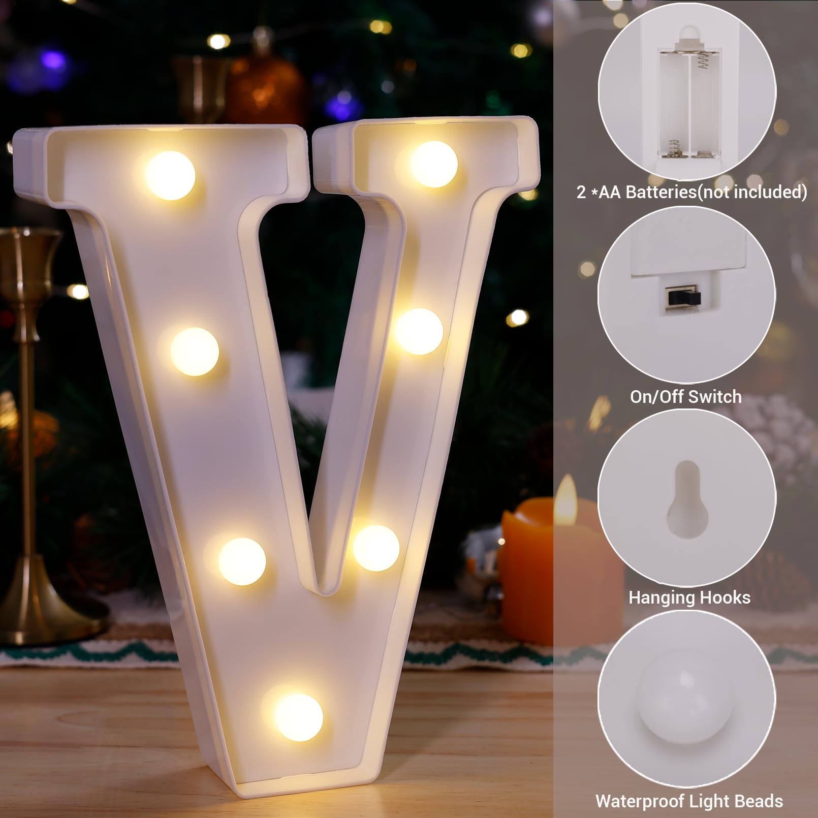 Tronsboo Led Marquee Sign Light Up Letters, Alphabet Light Up Letters Sign, Battery Powered Led Letter Lights For Night Light, Wedding, Birthday, Party, Christmas Or Home Decor (Letter V)