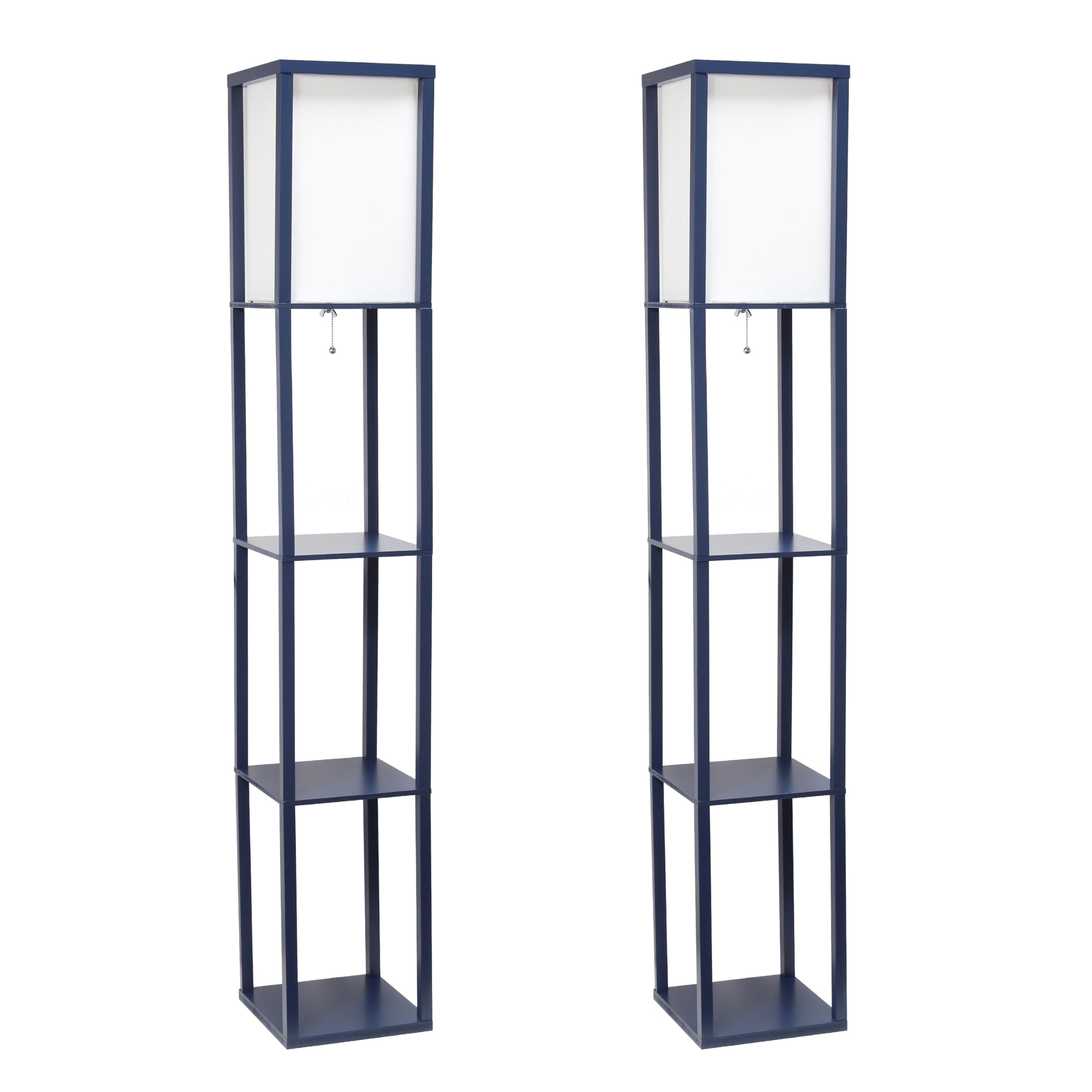 Simple Designs LF1014-NAV-2PK Three Shelf Etagere Organizer Storage Floor Lamp 2 Pack Set with White Linen Shade for Living Room, Bedroom, Office, Hallway, Navy Blue