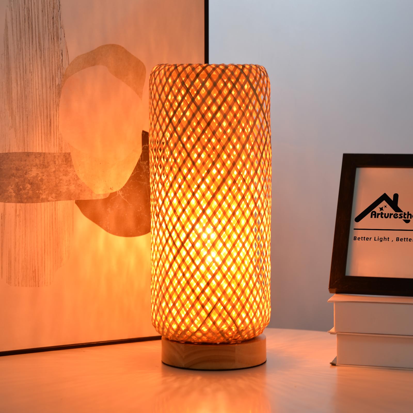 Arturesthome Bamboo Desk Light Woven Boho Beside Lamp Vintage Wicker Wooden Nightstand Lamp for Living Room,Kids Room,Nursery Ro