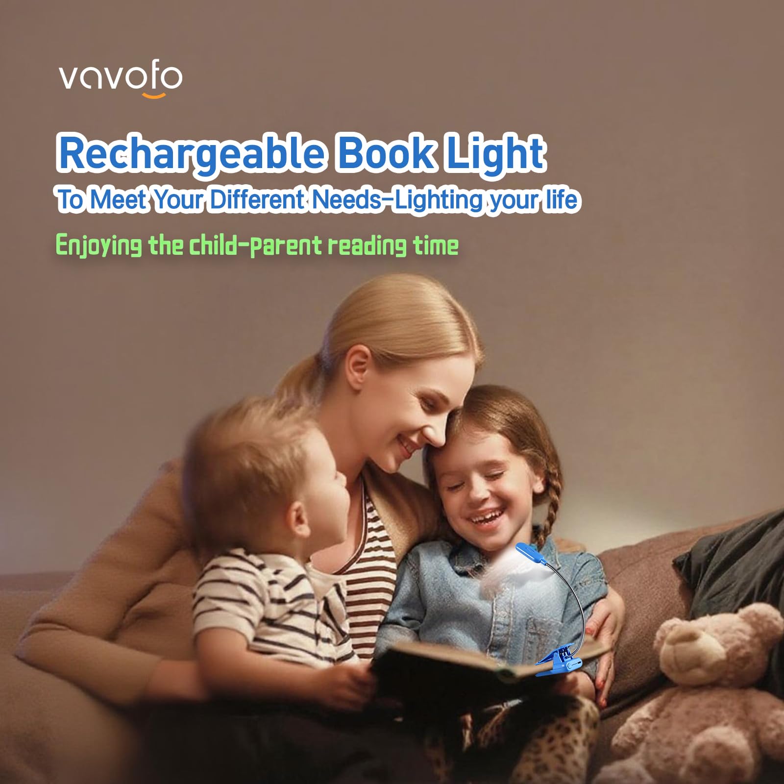 VAVOFO Rechargeable Book Light - 7 LED, 9-Level Brightness, Eye Care, Blue Lotus, Model KM-6720