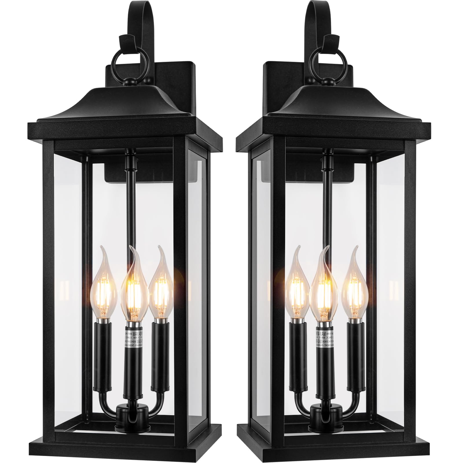Roravilila 2-Pack 23 Extra Large Outdoor Wall Lights Candelabra 3-Light, IP65 Waterproof Exterior Lights with Clear Glass Front 