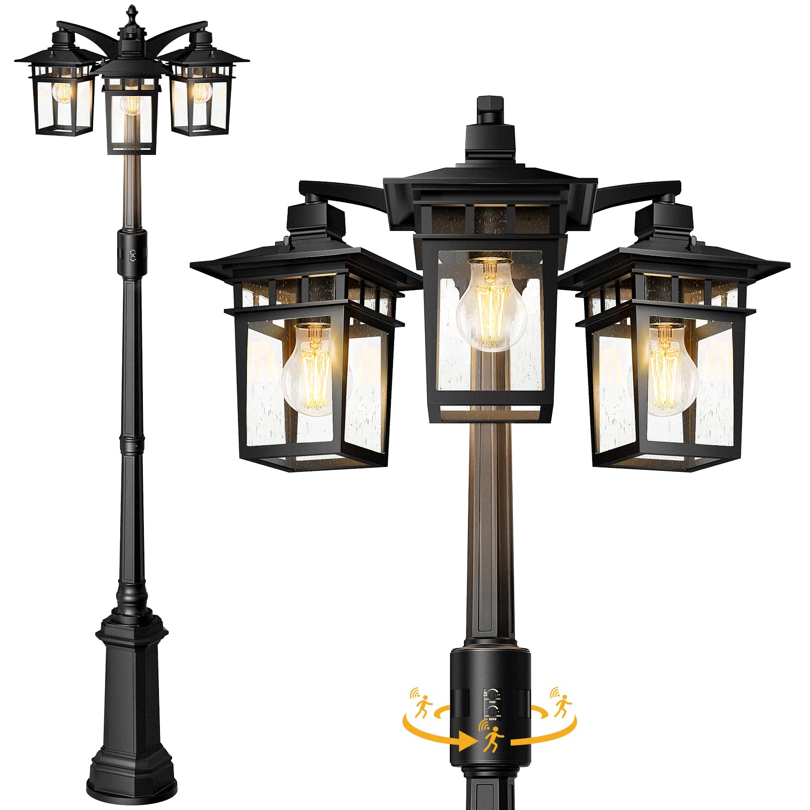 360 Motion Sensor Outdoor Lamp Post Light Fixture, 3-Head Dusk to Dawn Outdoor light post with bubble Glass, Aluminum Waterproof