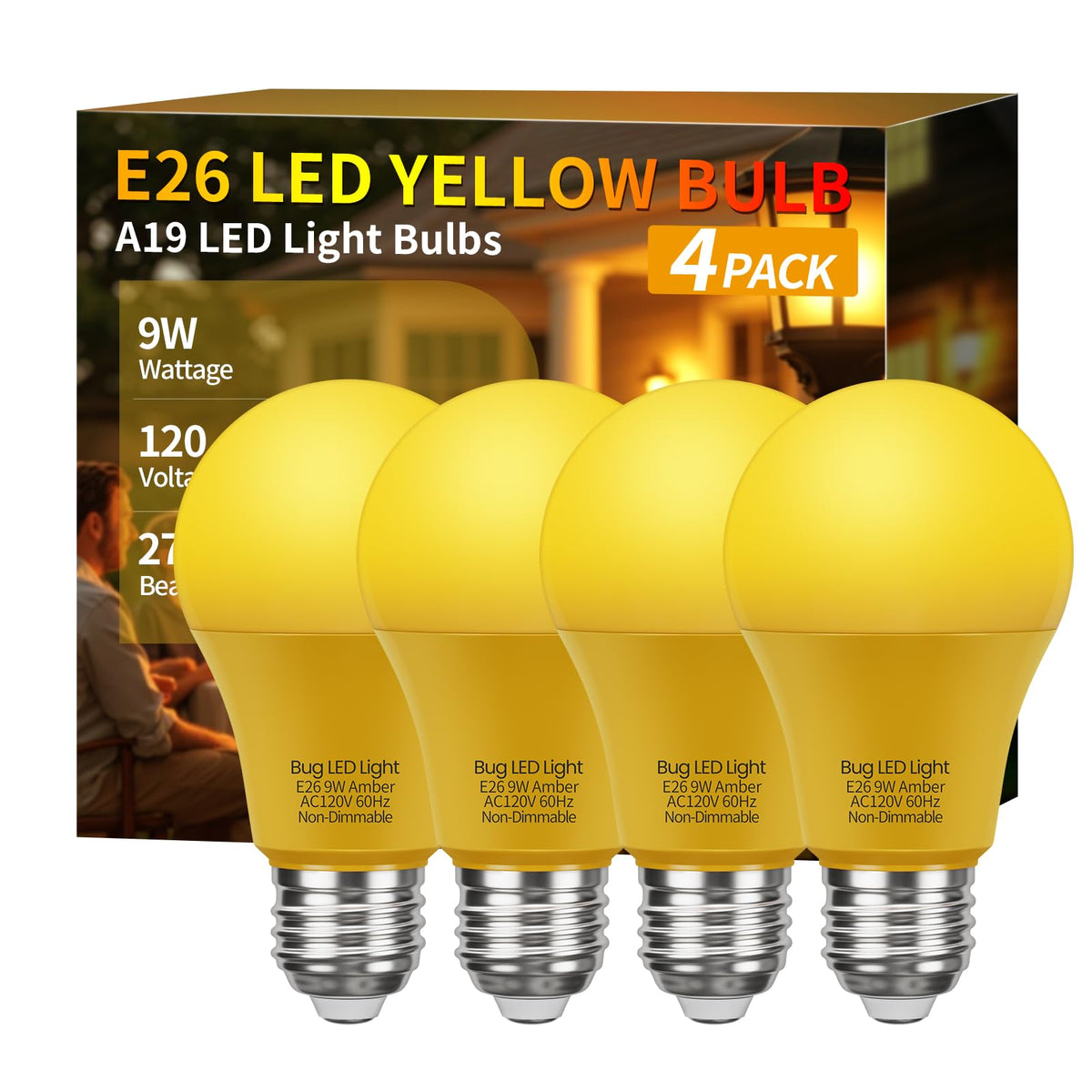 Roche Jaune Bug Light Bulbs For Outdoor - A19 9W Yellow Bug Lights For Outside, 60W Equivalent, 2000K Amber Porch Light Bulb, E2