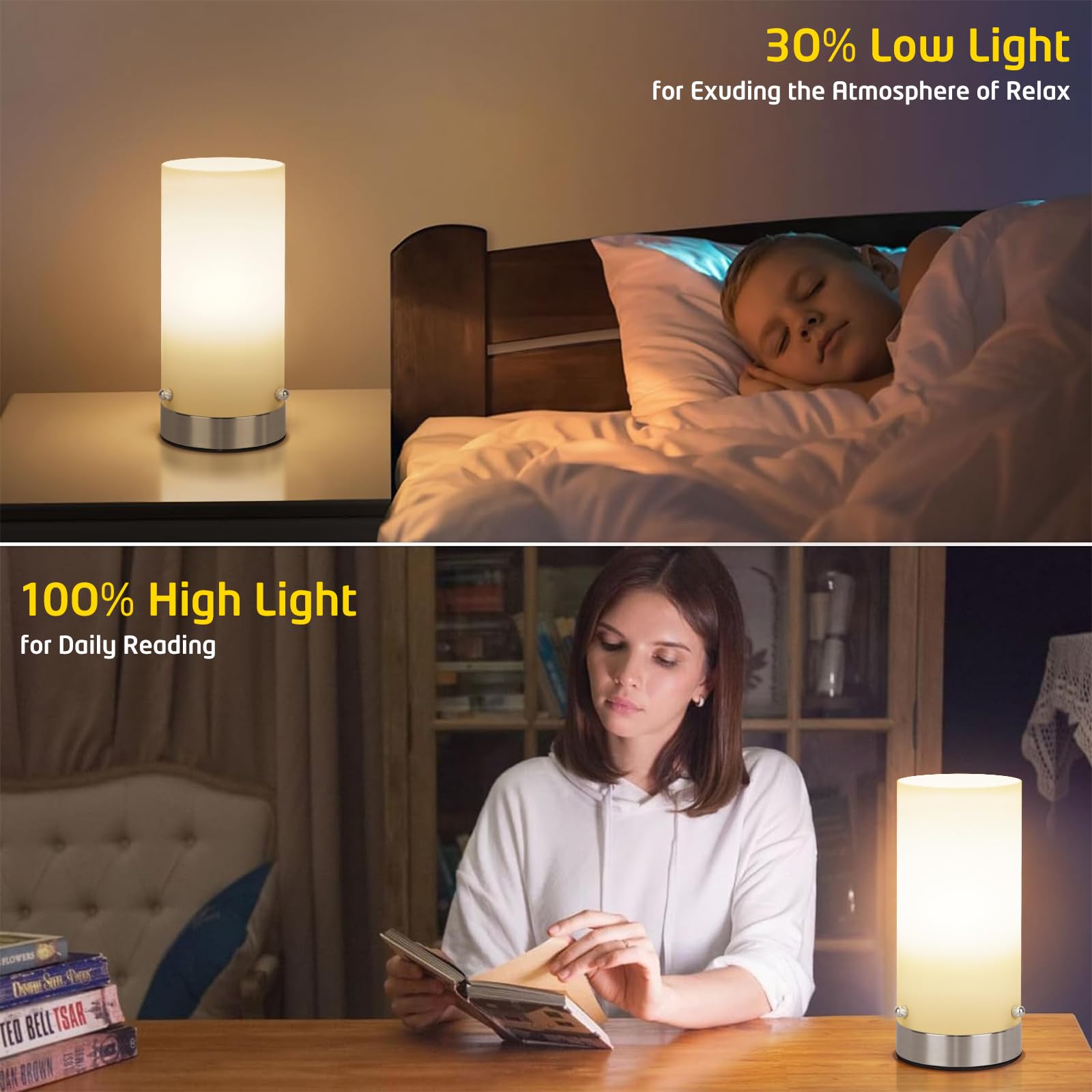 Kukobo 3-Way Dimmable Touch Control Bedside Table Lamp, Modern Glass Design, Medium Size, Nickel Finish, Includes 2700K 6W Bulb