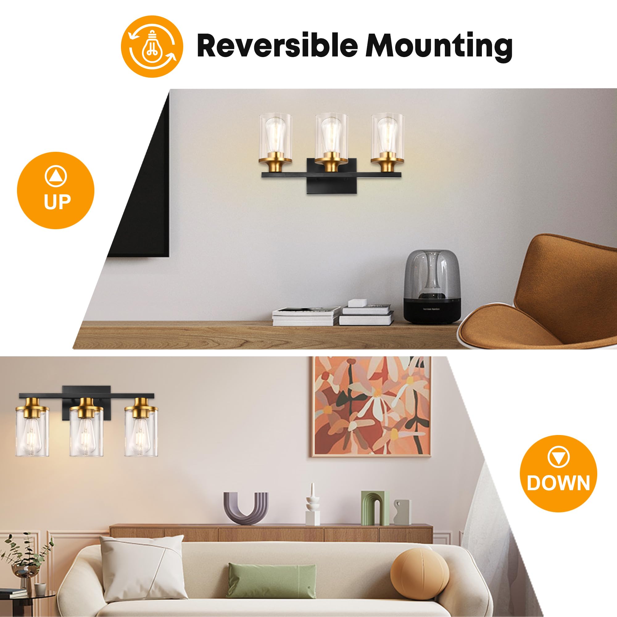 Grower 3 Light Bathroom Light Fixtures, Black Vanity Light For Bathroom, Bathroom Vanity Lights Over Mirror With Clear Glass Shade, Vanity Lighting Fixtures, Wall Lamp Sconces For Bedroom, Porch
