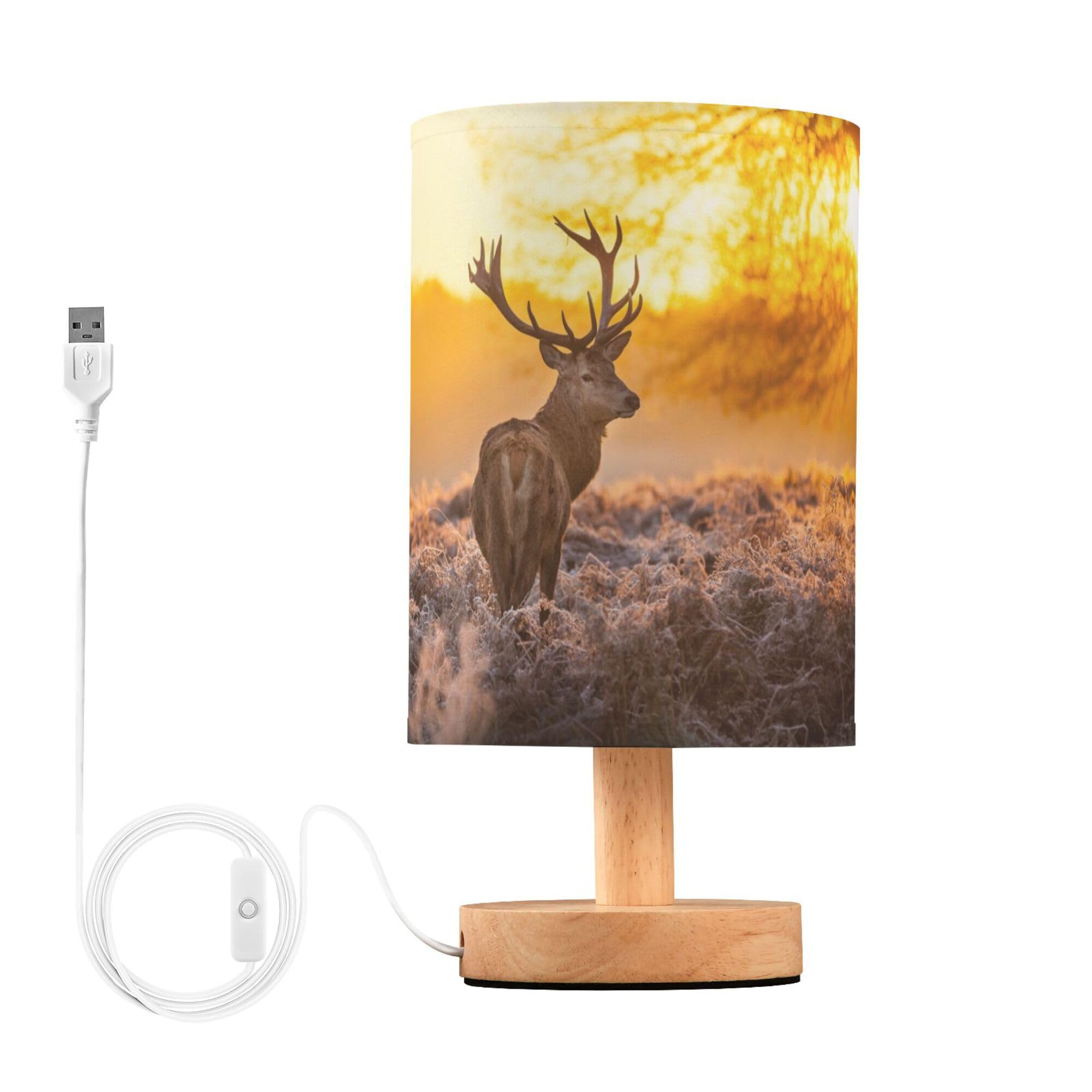 YYZZH Table Lamp Red Deer Antler in Sunset Woodland Forest Nightstand Lamp with Wood Base Fabric Lamp Shade Bedside Desk Lamp fo