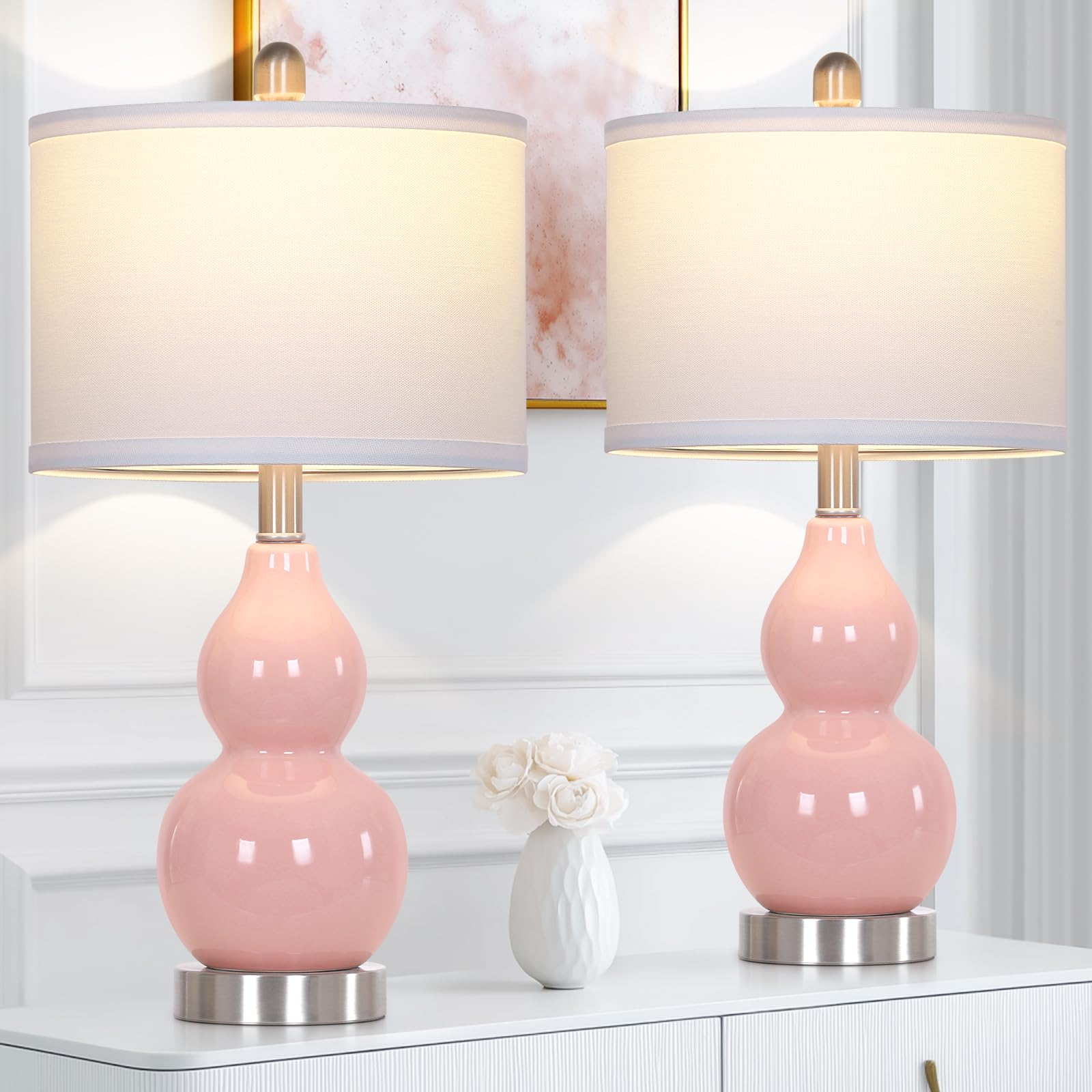 luxeflow 22 Double Gourd Ceramic Table Lamps Set of 2  Pink Modern Bedside Lamps for Living Room  Contemporary Nightstand Desk Lamps for Bedroom End Table Home Office Decor(2 LED Bulbs Included)