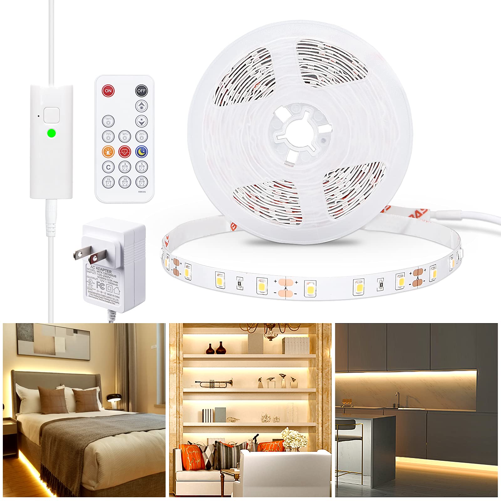 WOBANE LED Strip Lights, Dimmable Warm White, 16.4ft Flexible Tape, ETL Listed, 3000K, 300 LEDs, RF Remote