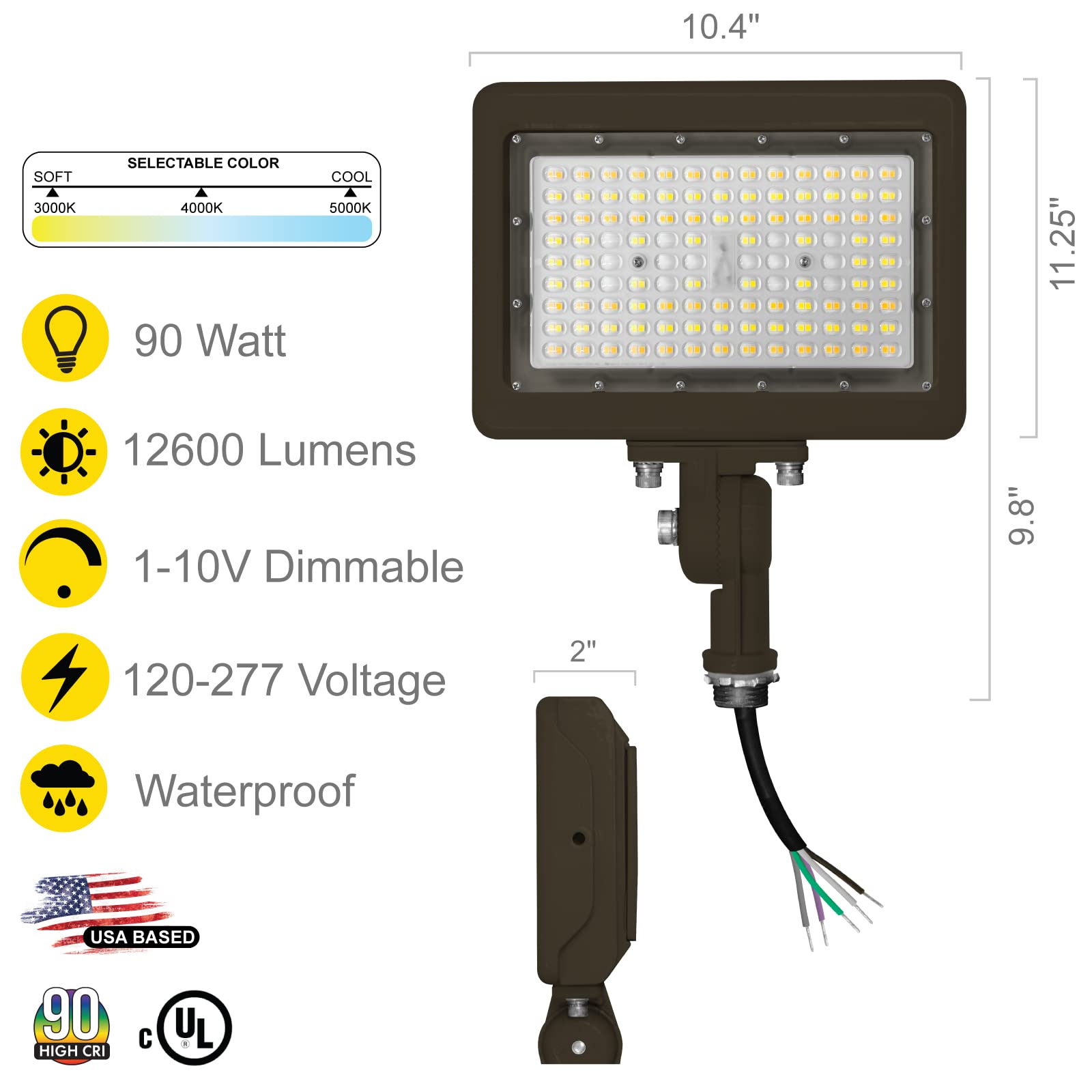 Nuwatt 90W Led Flood Light, 3Cct 3000K/4000K/5000K Selectable, Ip65 Waterproof Lighting, 1/2" Adjustable Knuckle Mount, 12600Lm Dimmable, 120-277V, Outdoor Security Floodlight For Yard, Bronze, Ul