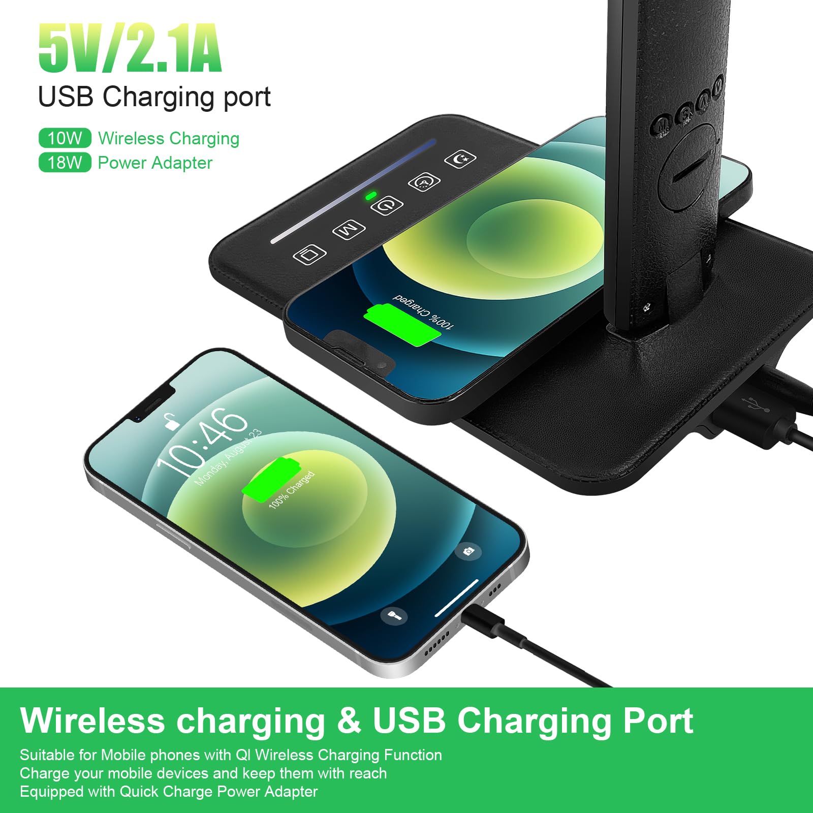 Snsok Desk Lamp With Wireless Charger, Usb Charging Port, Dimmable Office Desk Light With Clock, Alarm, Date, Temperature, Foldable Lamp For Table Bedroom Bedside Office (Black Pro)