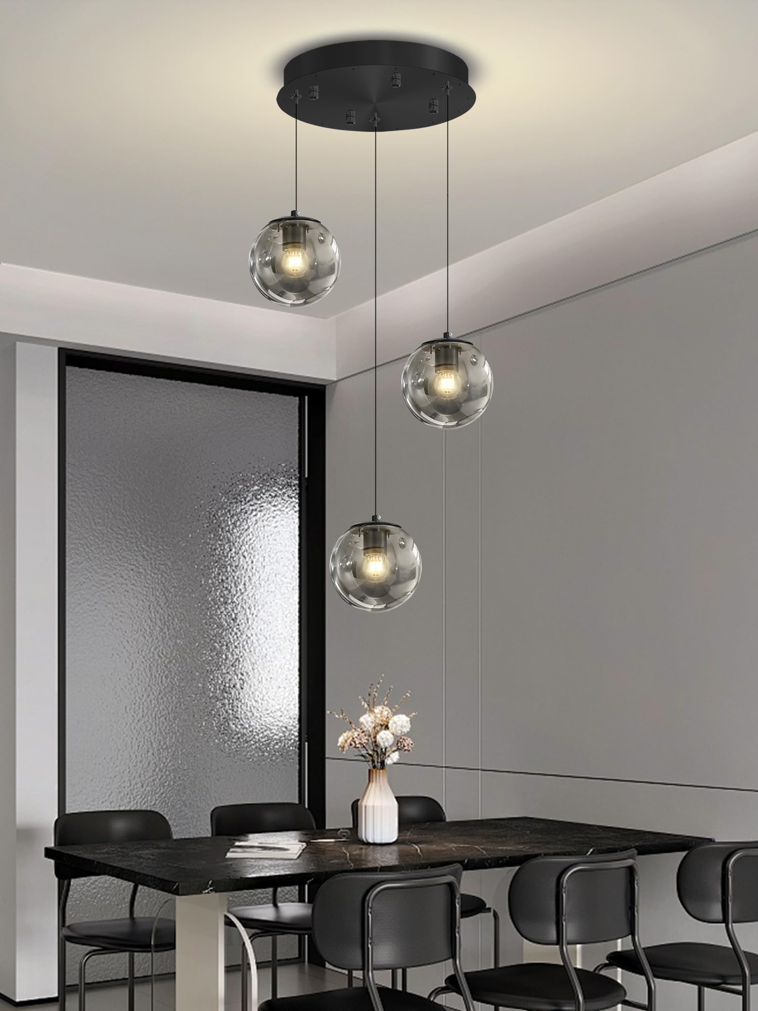 ykolupty 3-Light Black Pendant Light, Smoke Gray Glass Globe, Adjustable Hanging Fixture for Kitchen Island, Model TP3016-YH-3H