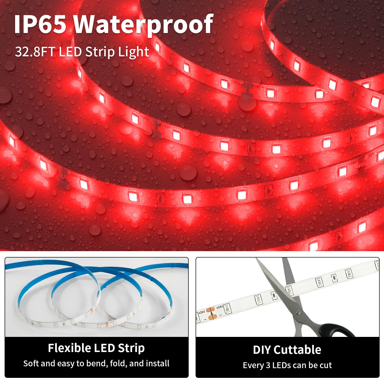 iNextStation 32.8ft Red LED Strip Light, Waterproof 24V 2835 SMD, Flexible Cuttable Tape Light for Bedroom, Kitchen, TV