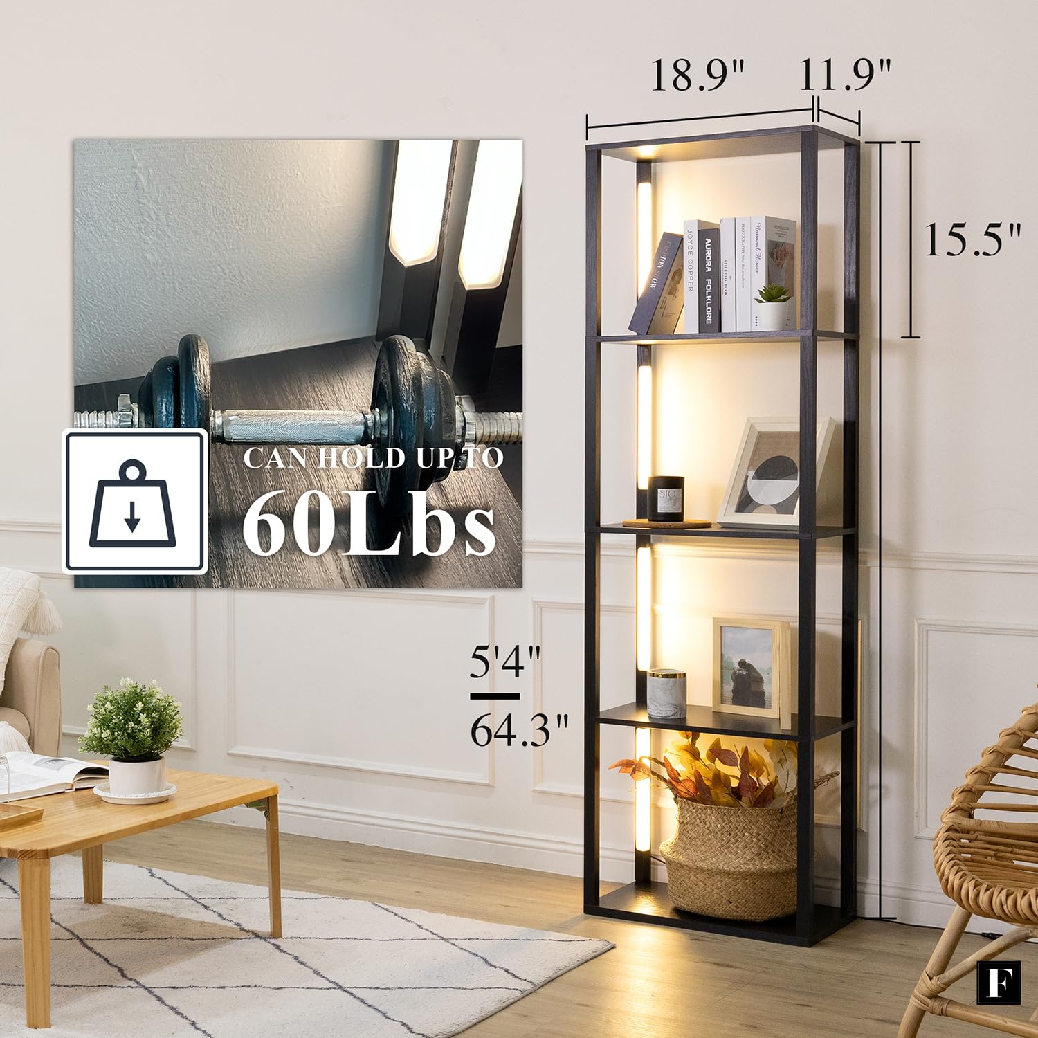 Fenlo Fancy Plus Pro - Led Display Shelf With Dimmable Lights, Led Floor Lamps For Living Room, Sturdy Corner Shelf Curio Cabine