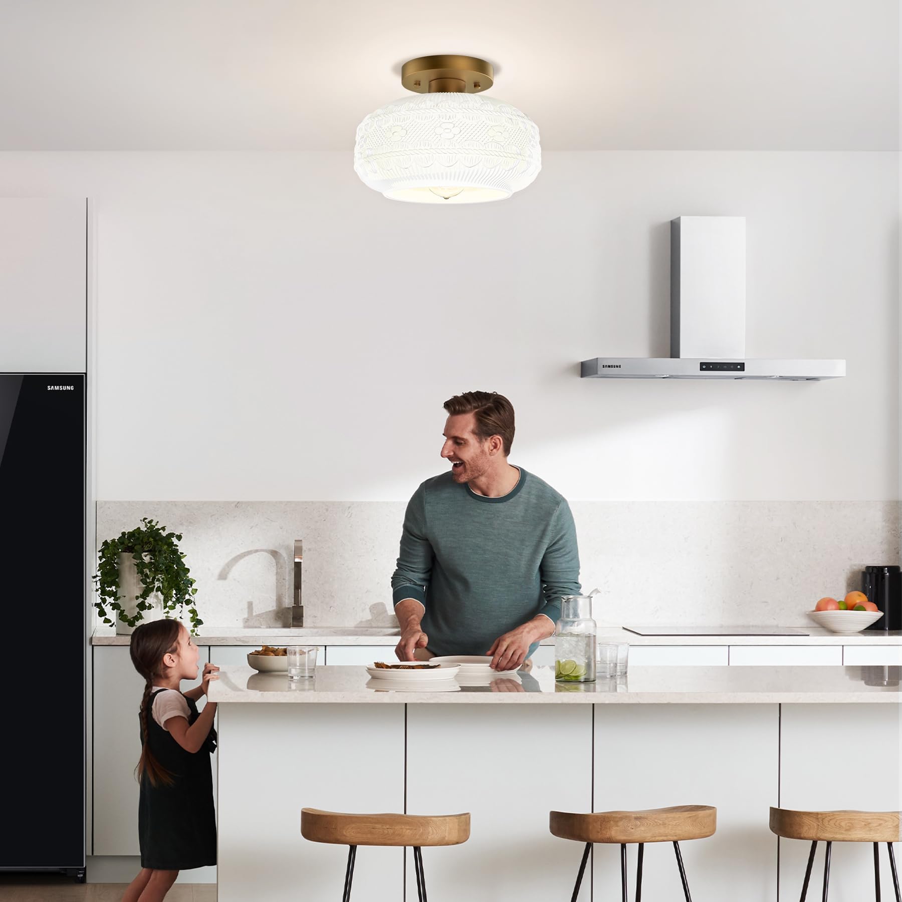 Apoto Gold Semi Flush Mount Ceiling Light Fixture,Globe Glass Hallway Lights Fixture Ceiling Light With Milk Glass,Vintage Kitch