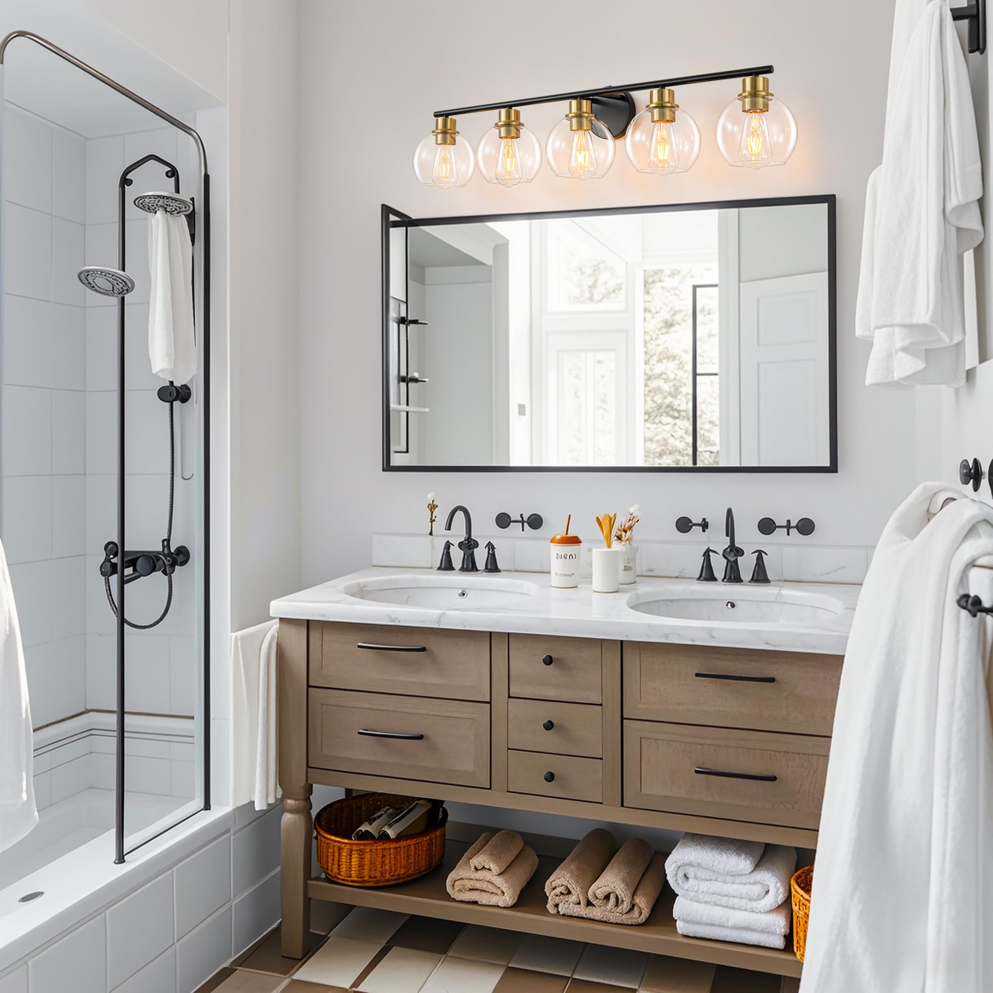 Lanmate 5-Light Bathroom Vanity Light Fixture, Clear Glass Shade, Modern Black and Gold, 37.4 Inch, Model 5495546b-0e59-47b4-a489