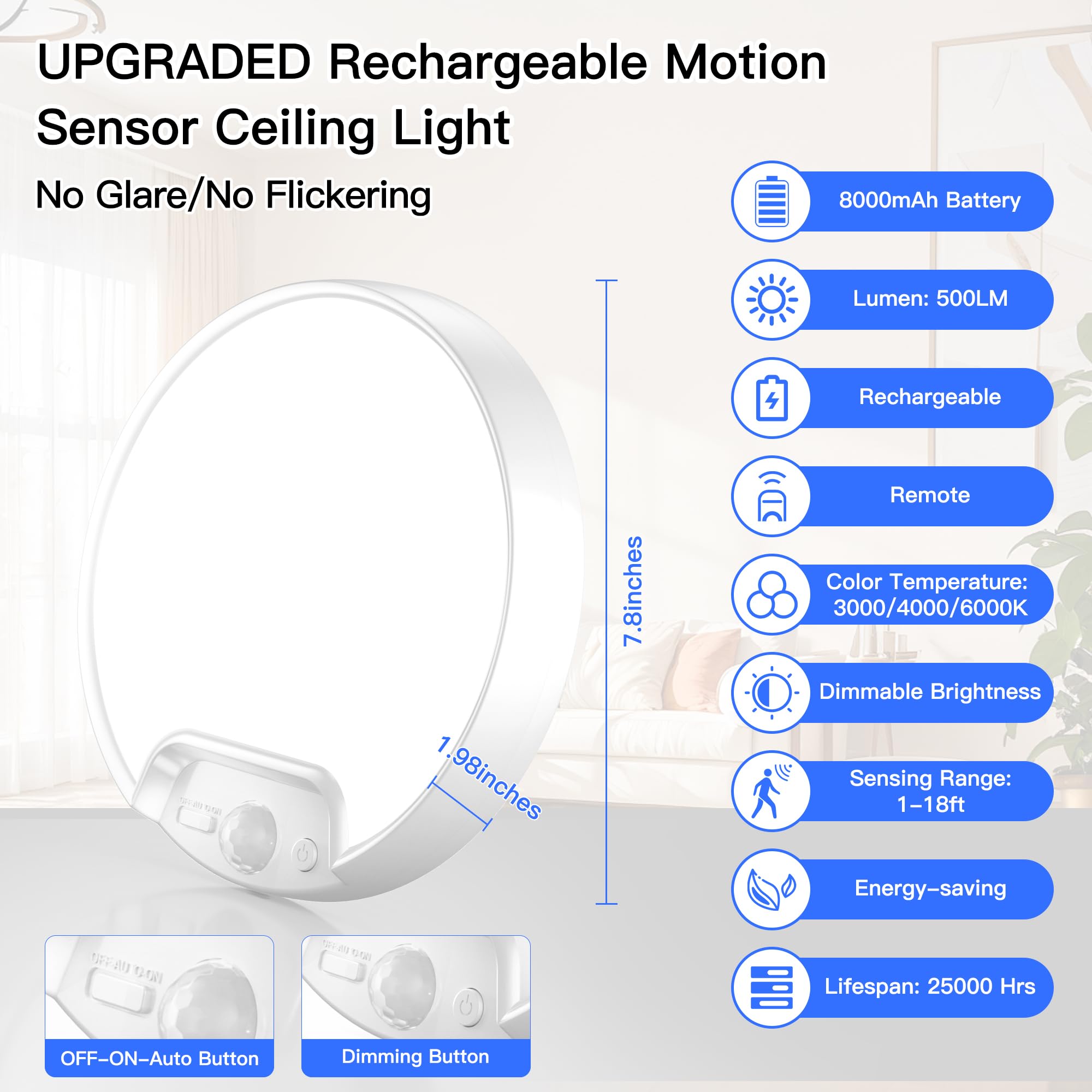 Homelist Rechargeable Motion Sensor Ceiling Light With Remote - Wireless Battery-Operated Ceiling Light For Pantry, Basement Sto