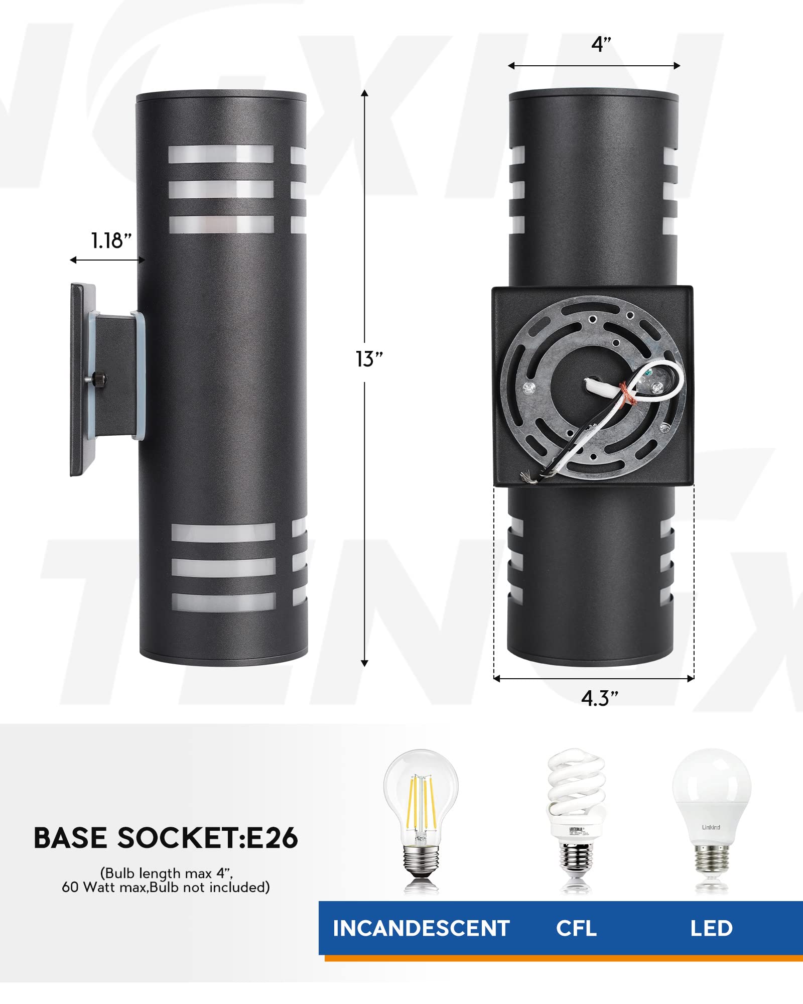 TENGXIN Outdoor Wall Light, Up and Down Cylinder, Stainless Steel, Black Finish, 2 Pack, E27, Model TXWLSS0012B-2, UL Listed
