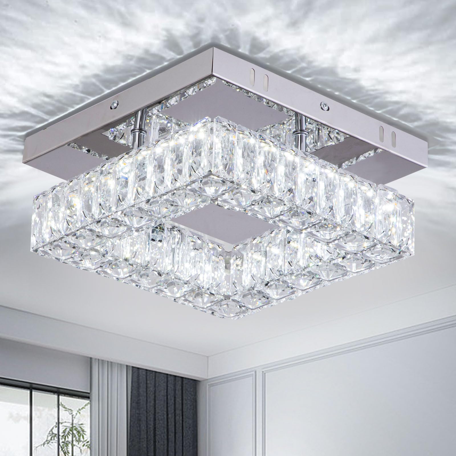 Ypqxyhda Mini Modern Crystal Chandeliers Square Flush Mount Ceiling Light Led Chandelier For Hallway Kitchen Foyer Dining Room,Dia 9.8", 18 W 6000K