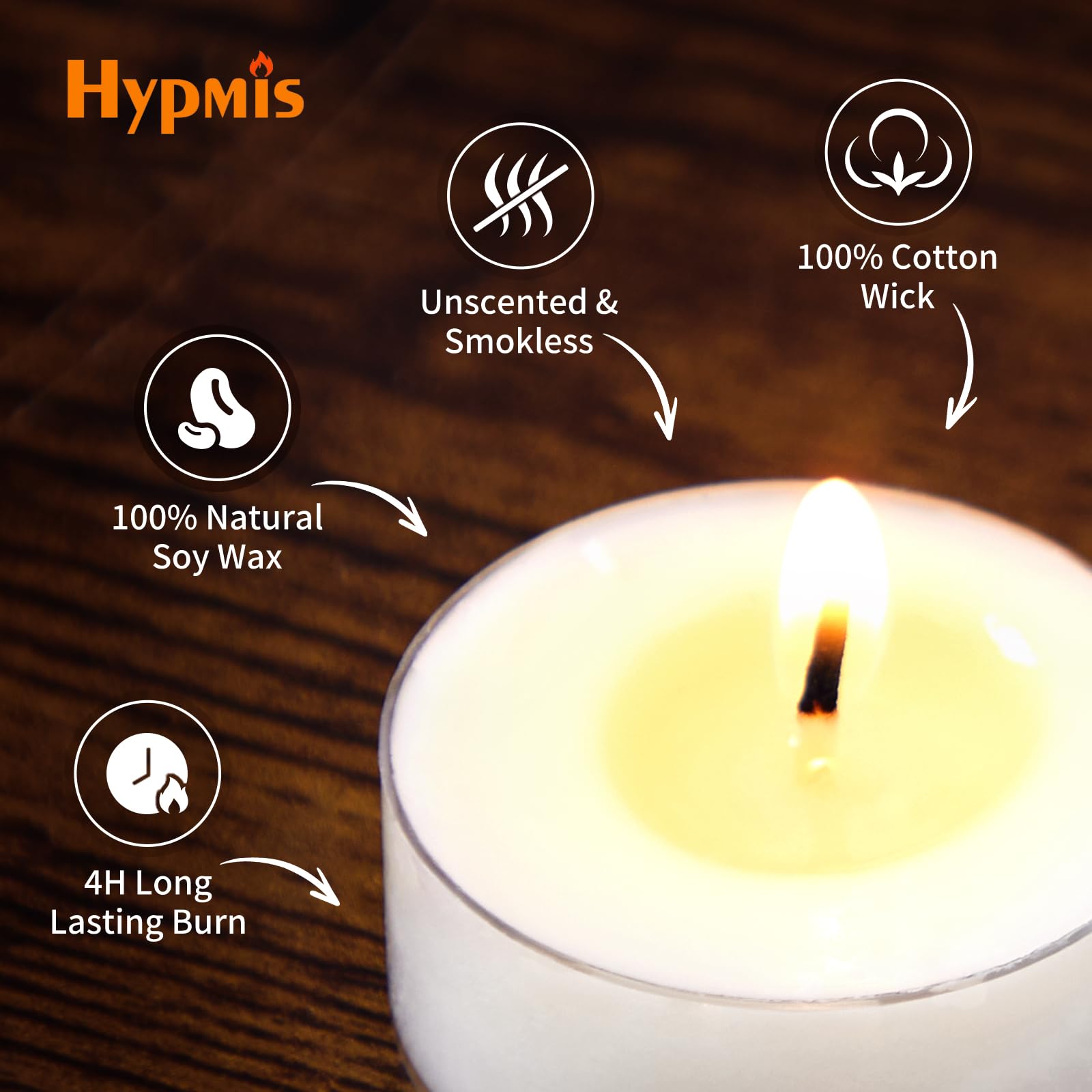 Hypmis Unscented Soy Tea Lights Candles 100 Pack Bulk, 4 Hours Long Burning White Tea Lights,Non-Paraffin, Smokeless, Mini Tealight Votive Candles For Wedding, Table Centerpiece, Party, Christmas
