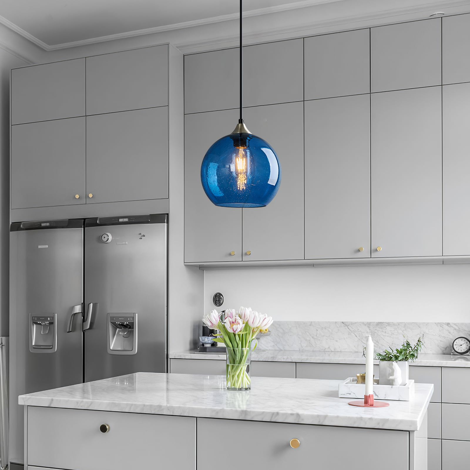 Lbsqj Blue Glass Pendant Lights Kitchen Island Lighting Globe Pendant Light Fixtures Modern Pendant Lighting For Kitchen Island Bedroom Living Dining Room Light Fixture(7.87In  1-Pack)