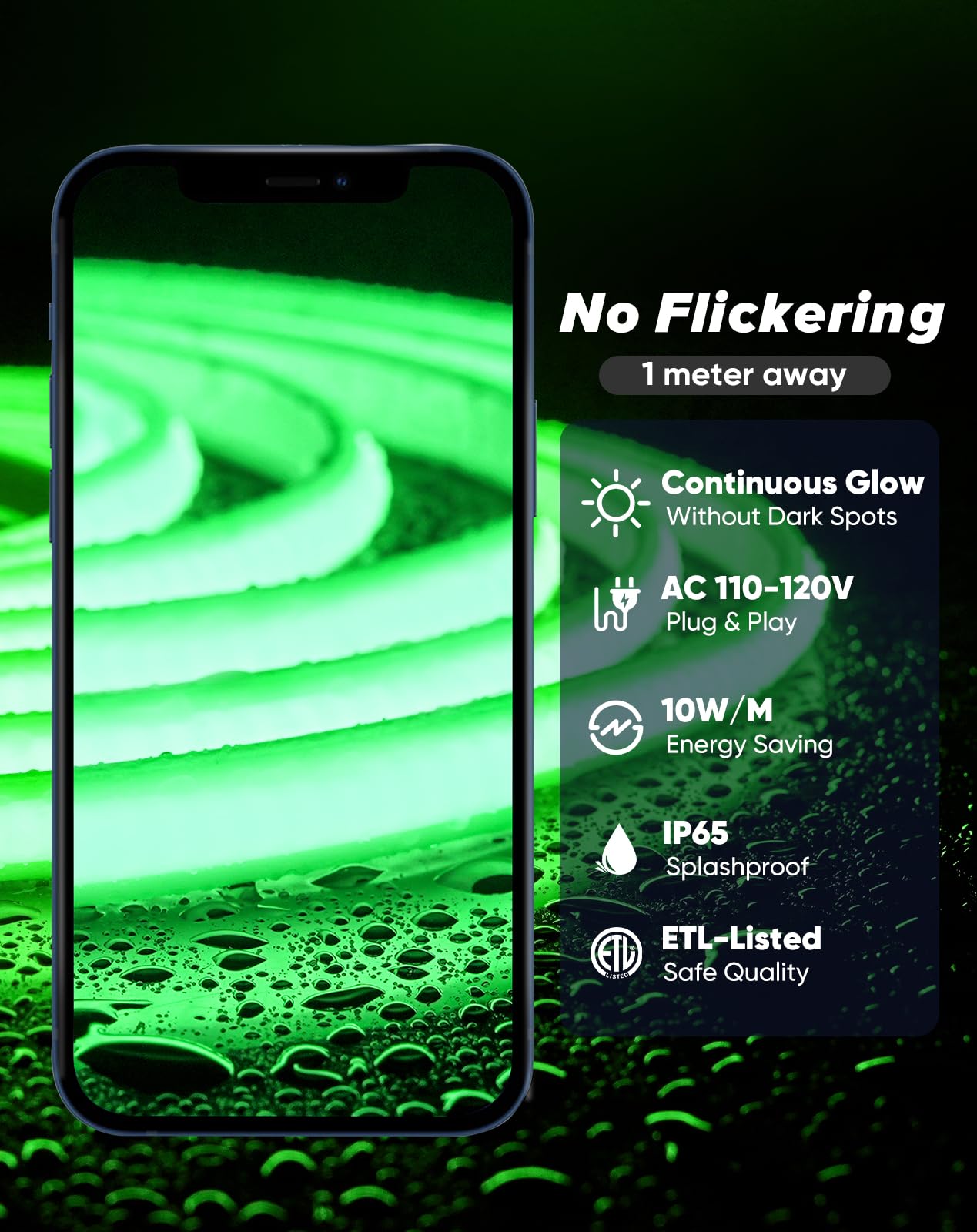 Shine Decor Cob Led Rope Light Ac 120V  800Lm Ultra Bright  Ip65 Waterproof Cold-Resistant Etl Neon Strip  No Driver Tape Lighting For Home Commercial 10X4.5Mm  Green  16.4Ft