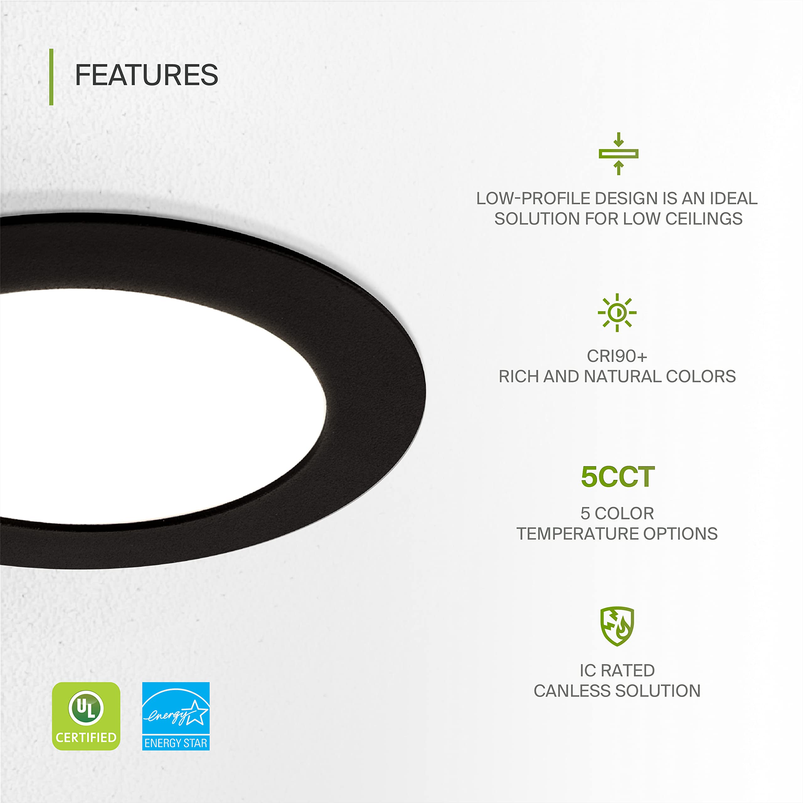 Asd 6 Pack Led Recessed Lighting 4 Inch 12W  5 Cct 2700K-5000K Cri90+  Ic Rated Ultra Thin Dimmable Ceiling Lights With J Box  Canless Wafer Downlight  Round Slim Panel Light  Ul Listed  Black