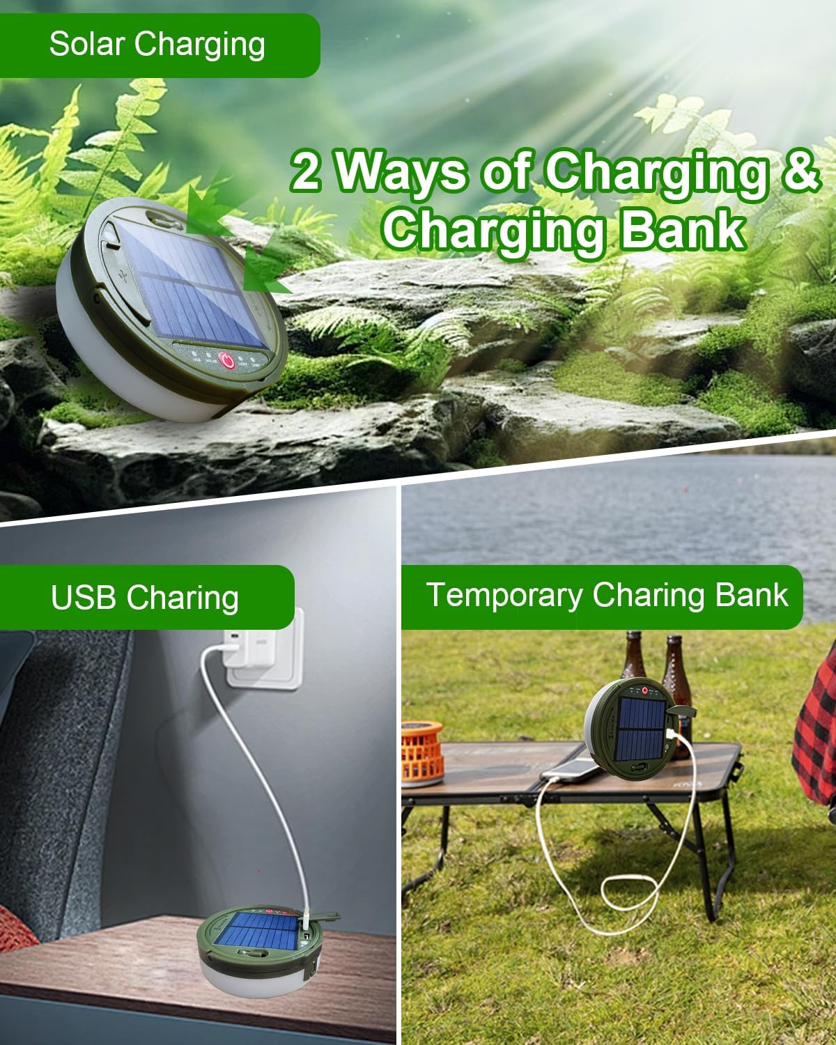 SWEALEER Camping String Lights, 39Ft Solar & USB Rechargeable, Green, IP44 Waterproof, Remote Control, 5 Lighting Modes