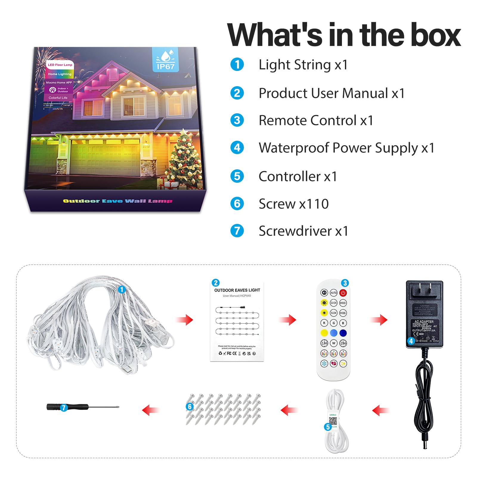 AHAWILL Outdoor RGB String Lights, IP67 Waterproof, 100ft, Smart Control, White, Model HCP045 for Halloween & Christmas Decor