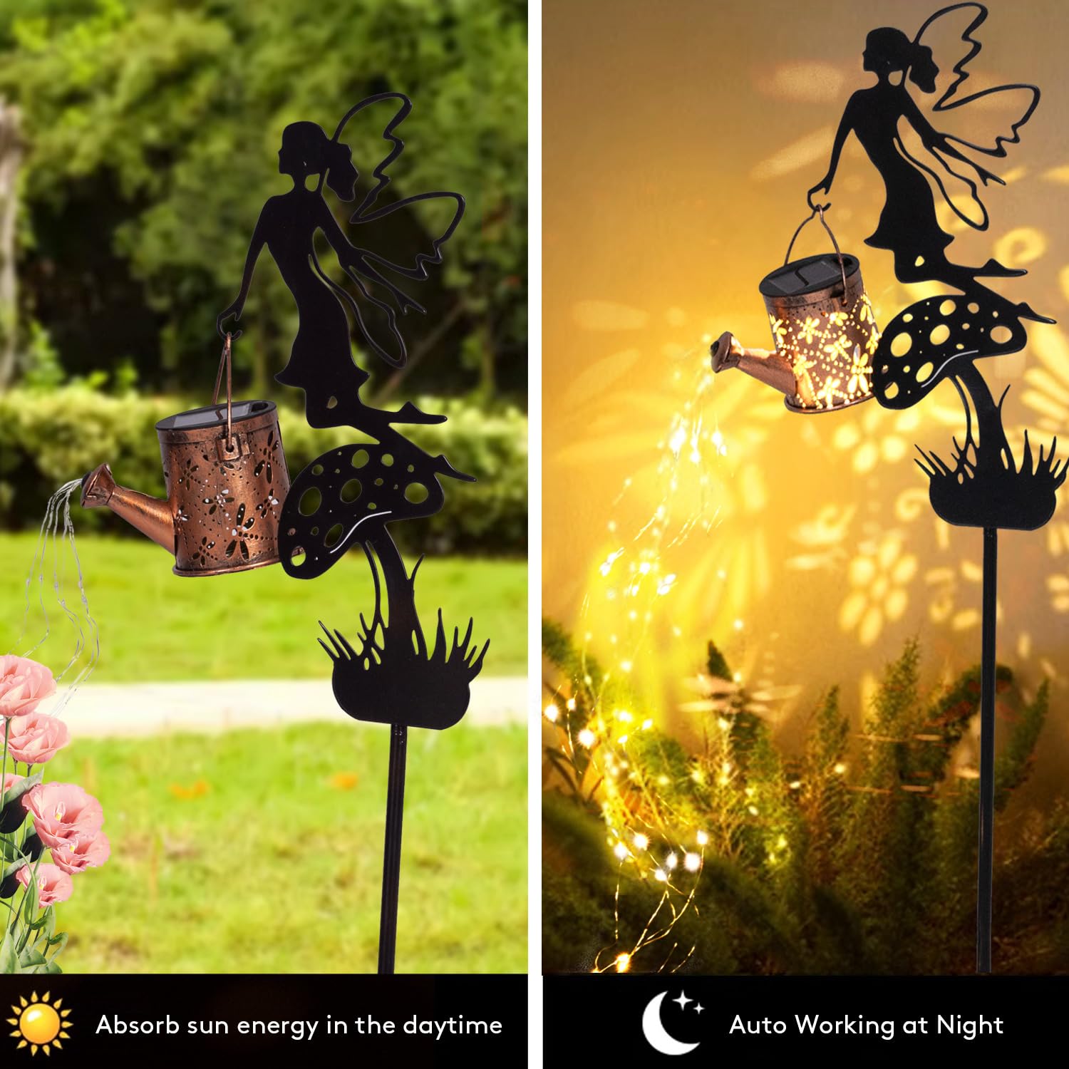 Huyieno 1Pack Solar Metal Watering Can With Fairy Angel Solar Hanging Lantern With Shepherd Hook 36 Warm White Leds Outdoor Led