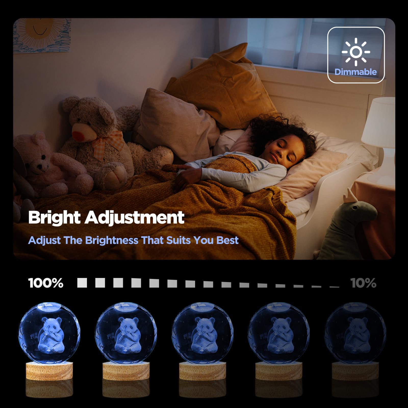 3D Panda Crystal Ball Night Light With 16 Color Led Wooden Base, Upgraded 3.15 Inch Panda Glass Ball Lamps With Remote For Birth