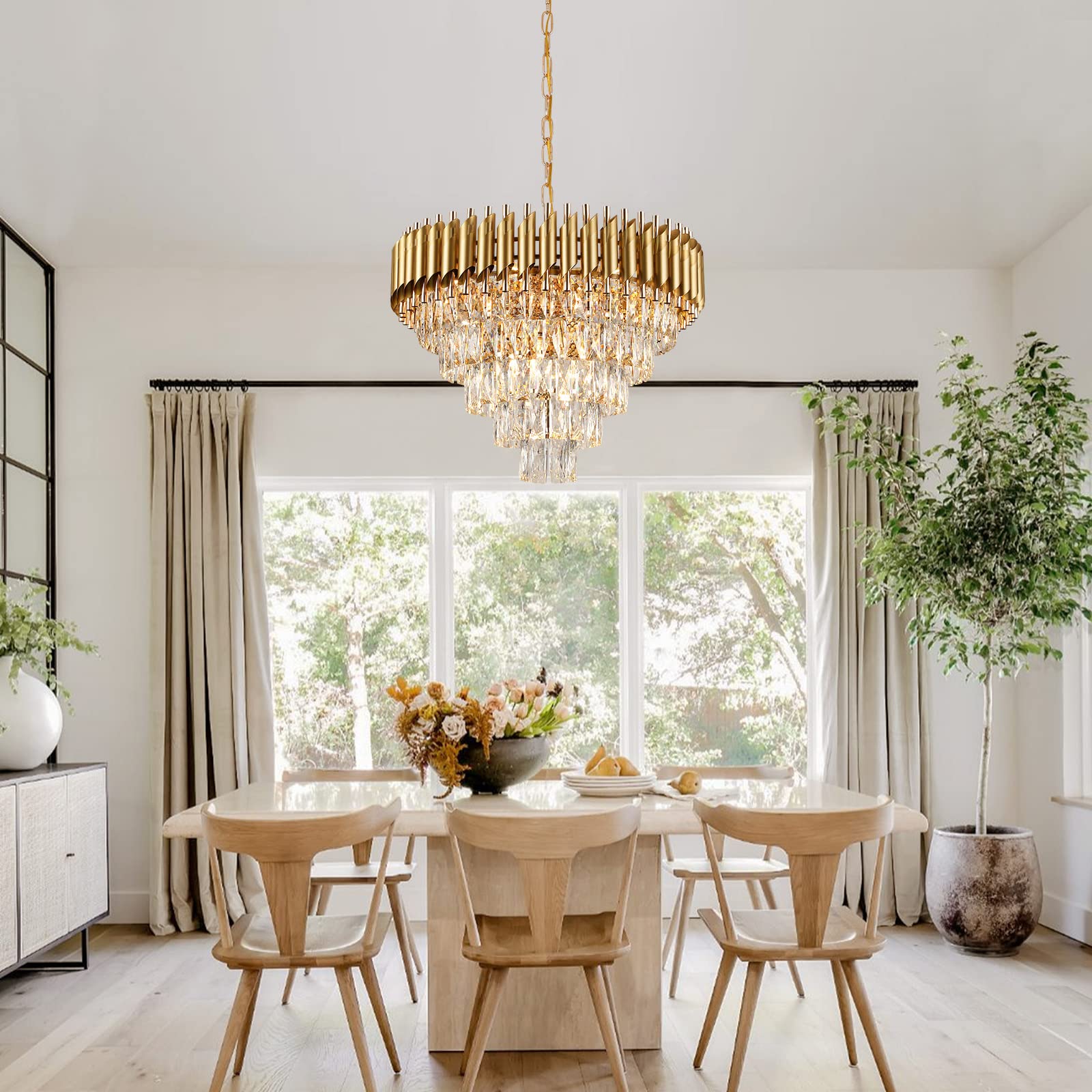 AXILIXI Modern Crystal Chandelier, 24" Gold Raindrop Flush Mount, 5 Tiers K9 Ceiling Light for Dining Room, Foyer, Living Room, Model DH8801