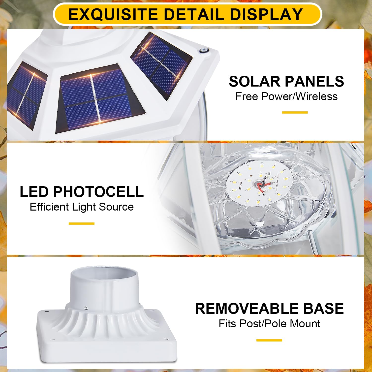 GYDZ Solar Post Light, Waterproof Aluminum Lamp for Pillar, Dusk to Dawn, Model 6531S.E-WH, White